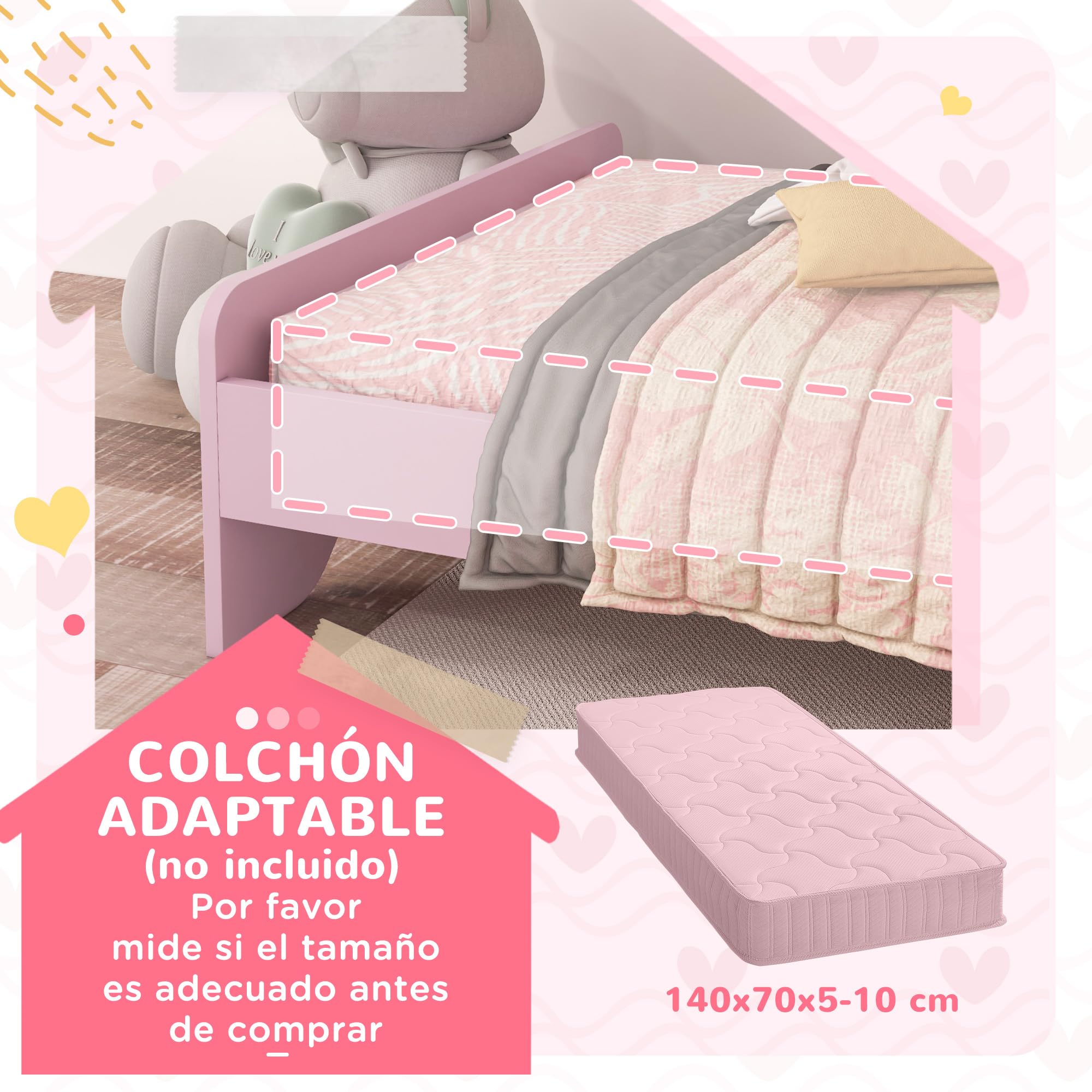 ZONEKIZ Cama Infantil 70x140 cm, Cama para Niños con Barrera Anticaídas y Somier, Cabecero en Forma de Nube, Rosa