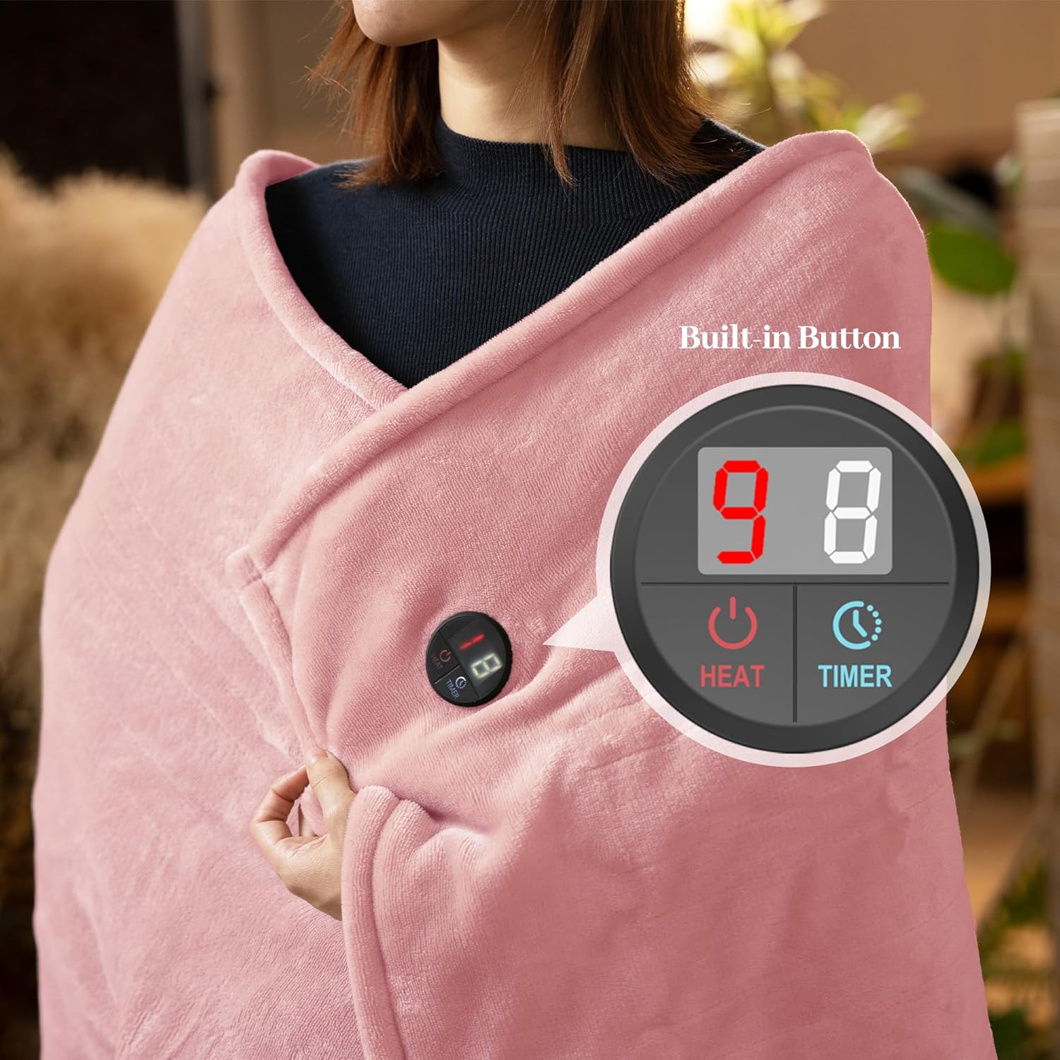 GOTCOZY Heated Blanket Electric Throw 50''X60''- Electric Throw Blanket with One Touch Button 10 Heating Level & 9 Time Settings Heating Blanket, Machine Washable (Rose) - Image 3
