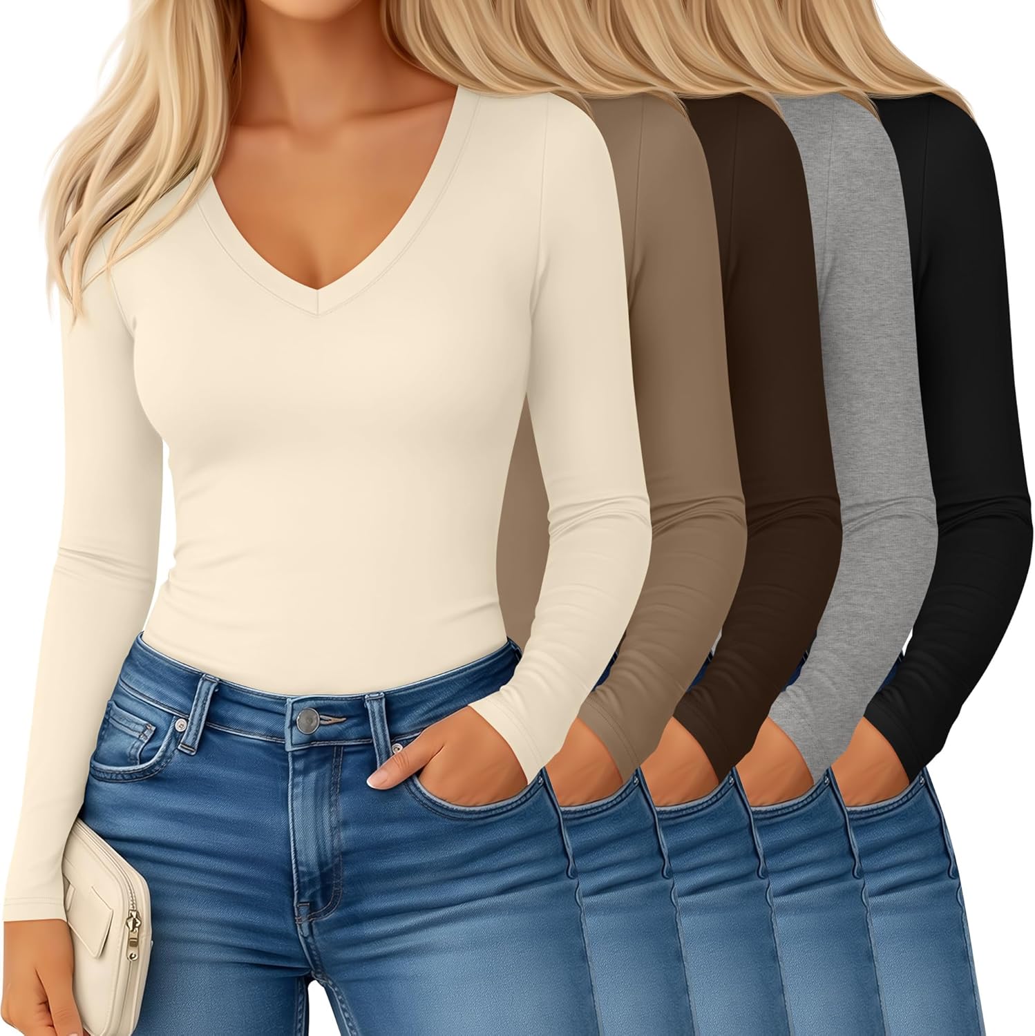 Yearntown 5 Pack Women's Long Sleeve V Neck Undershirts Slim Fit Basic Tee Shirts Ladies Stretchy Tight Layering Underscrubs