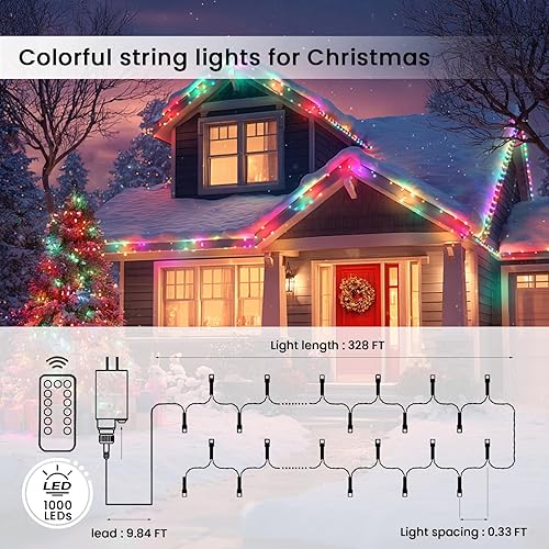 Miniatura 2 de Guirnalda de luces de Navidad de 328 pies, 1000 luces LED multicolor enchufables con 8 modos, cable verde impermeable para árbol de interior y