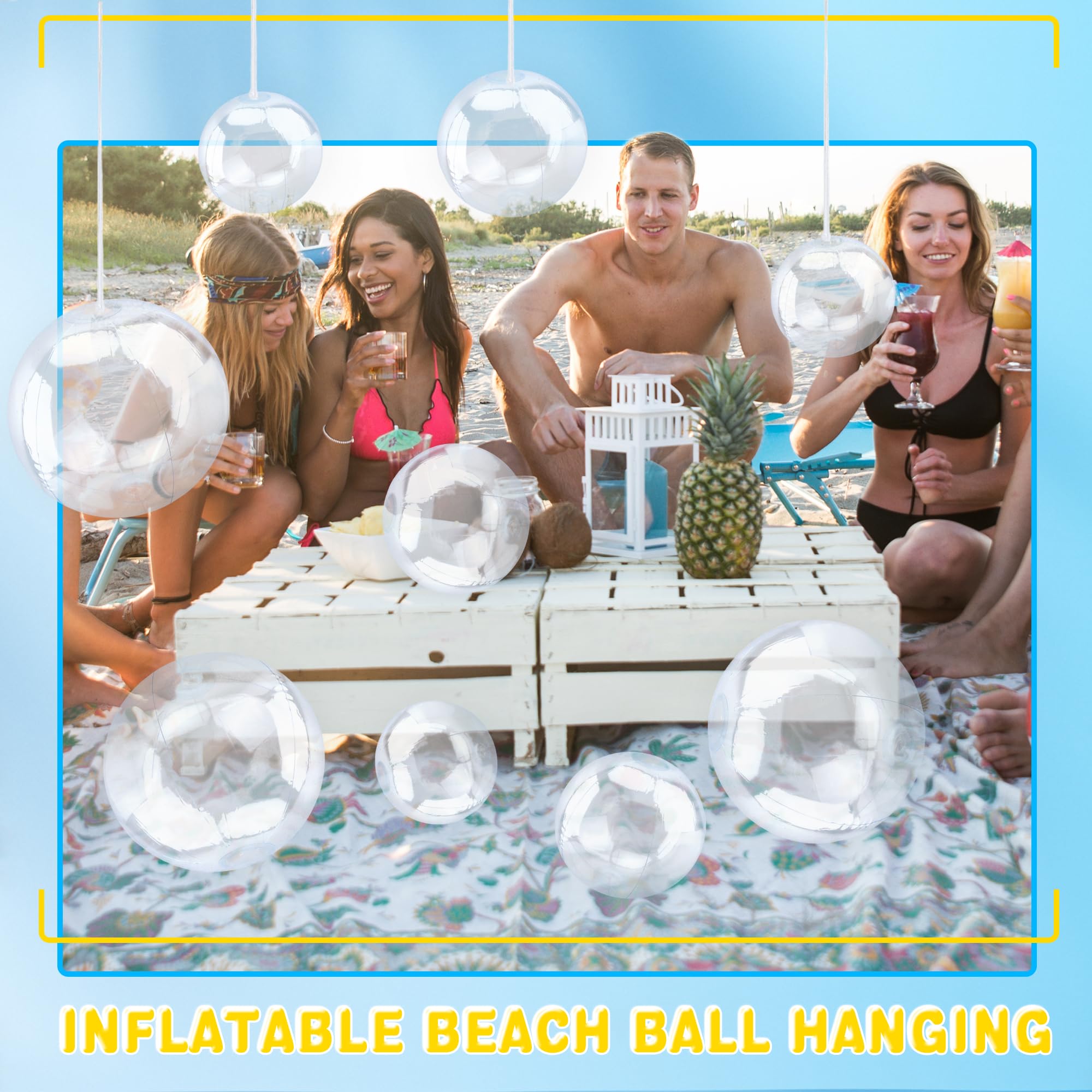 Paquete de 30 pelotas de playa inflables transparentes de 8 pulgadas, 12 pulgadas, 16 pulgadas, bolas de piscina transparentes a granel con cuerda para colgar para suministros de fiesta en la