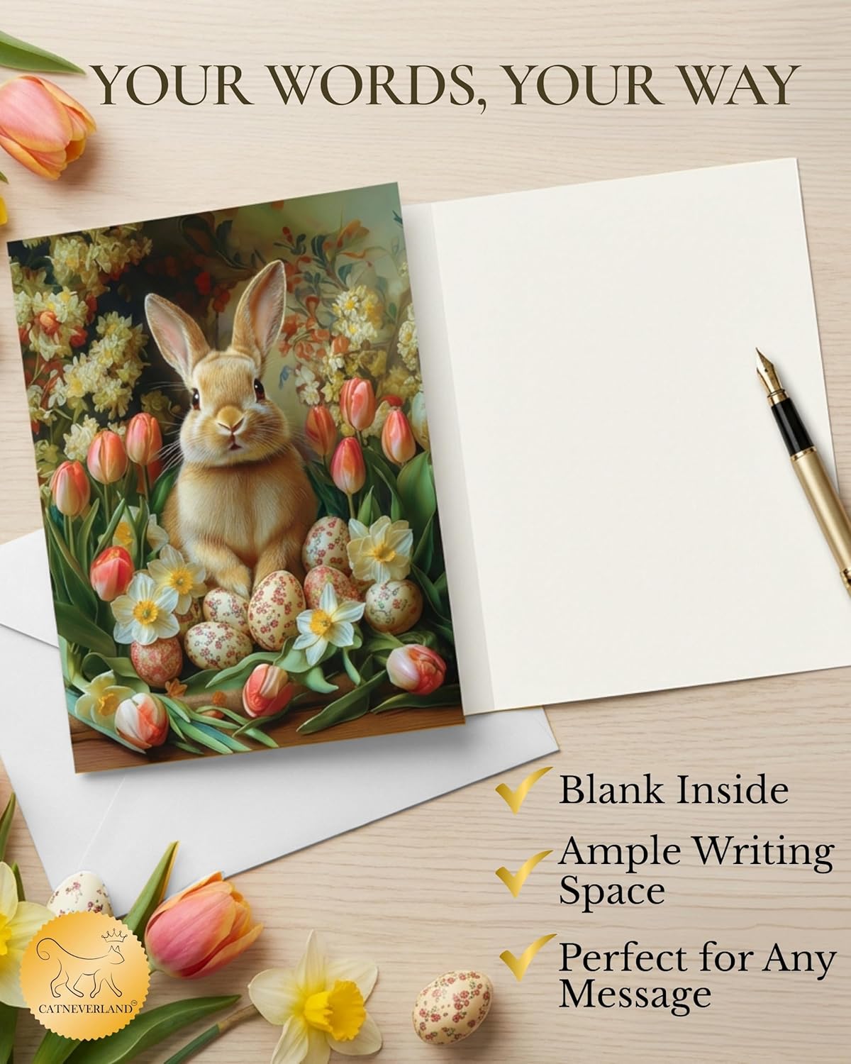 Easter Greeting Cards Set of 10 Premium 5x7 Cards with Cute Bunny and Spring Flowers Designs Blank Inside with Yellow Envelopes Made in USA