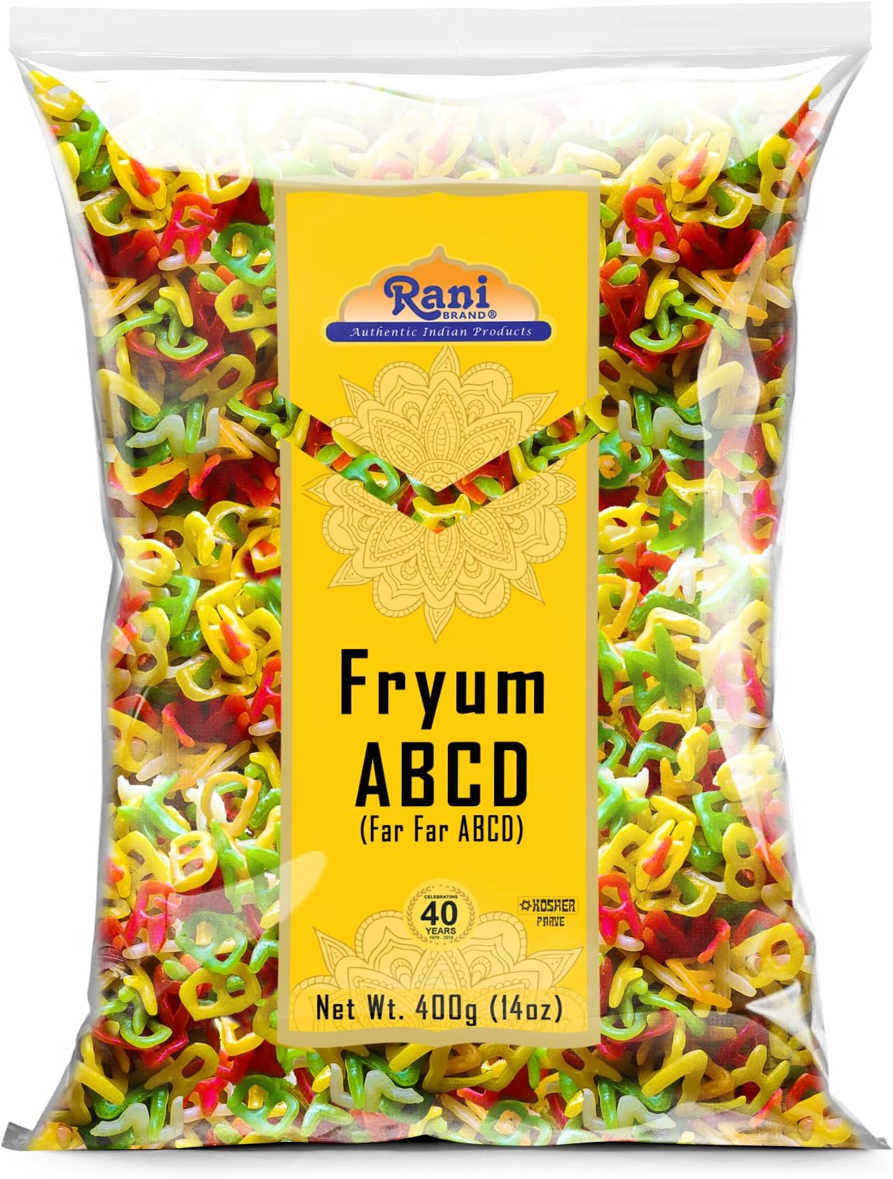 Rani Far Far / Fryums (Wheat & Tapioca Pellet) ABCD Shape 14oz (400g) ~ Vegan, Kosher, Uncooked, Used to Make Papad, Bhungra / Chip Snack