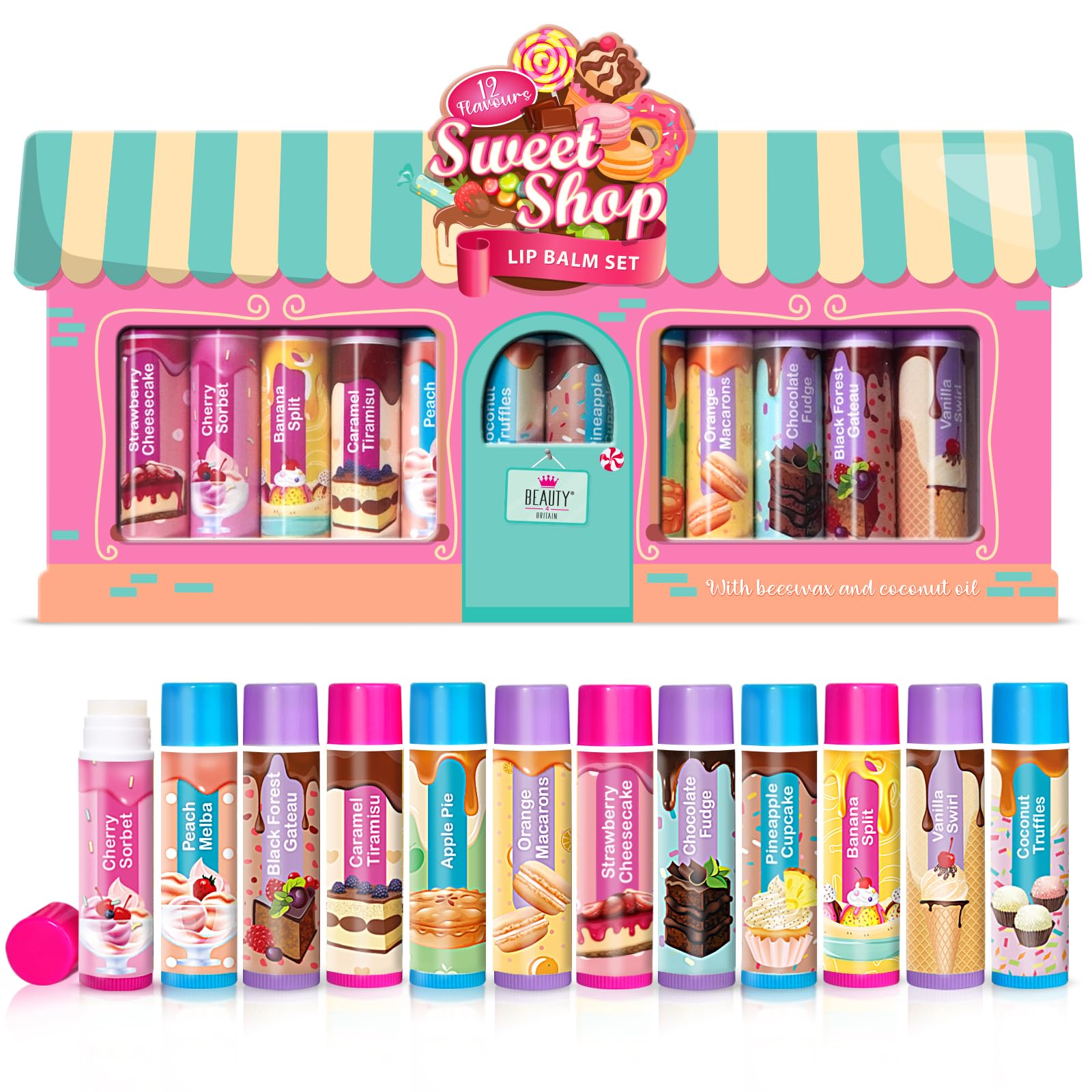Beauty4BritainKids Lip Balm Set Sweet Shop - 12 Different Dessert Flavours, Beeswax & Coconut Oil, Colourless, for Girls and Boys