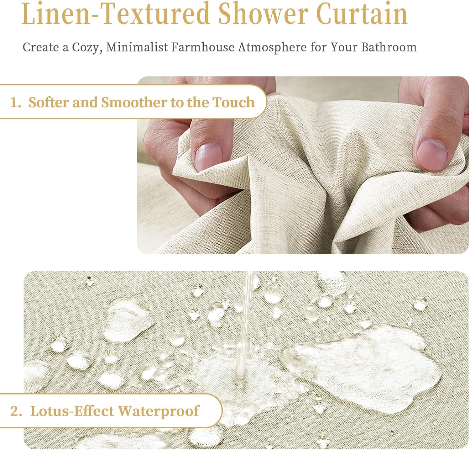 Linen Shower Curtain, Heavy-Duty Linen-Texture Fabric Shower Curtain with Weighted Hem That Reduces its Blowing, Soft Waterproof Shower Curtains with 12 Stainless Steel Hooks for,60.2"x72"(Beige)