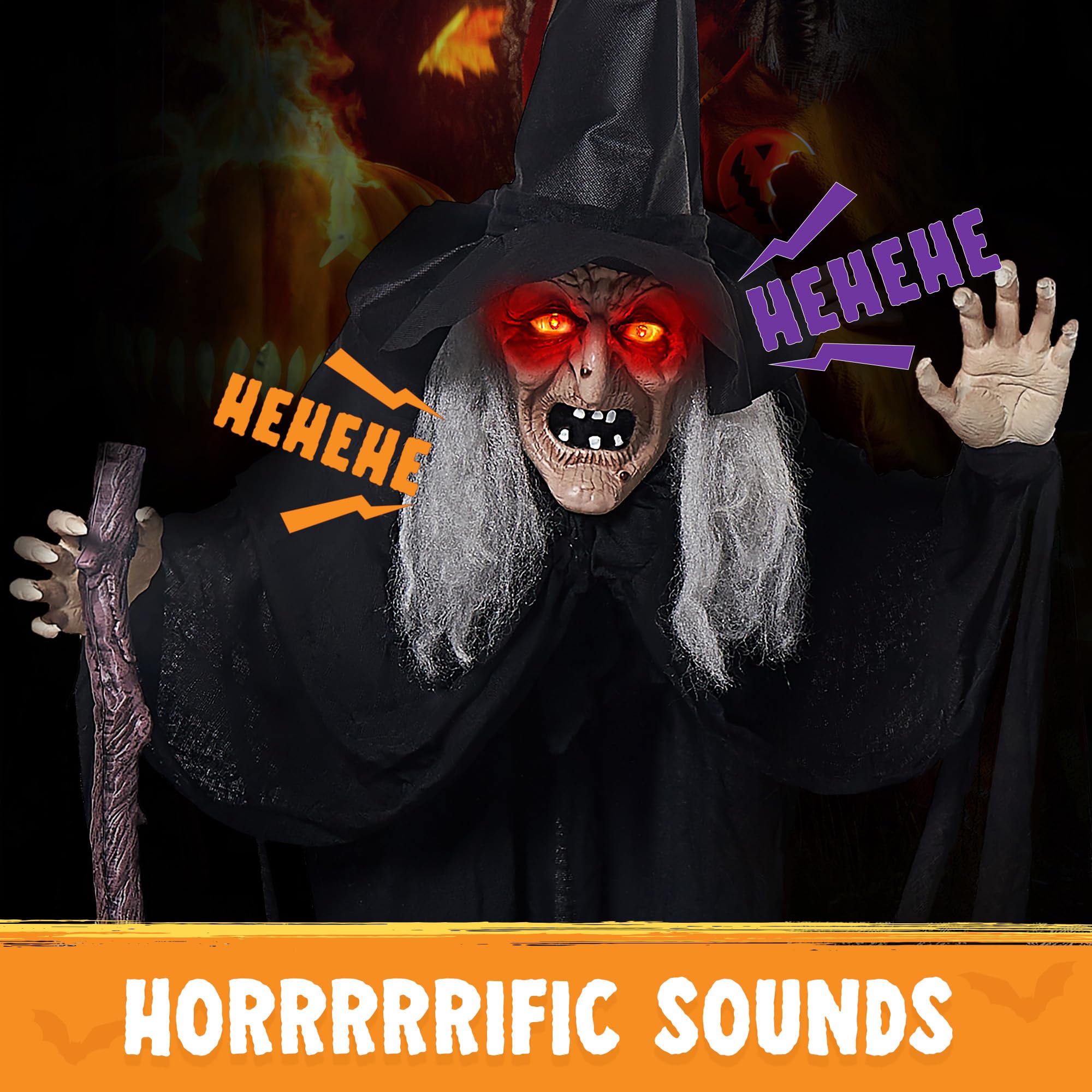 JOYIN 1,8 m Halloween Animatronics Strega con canna, decorazioni di Halloween a grandezza naturale con suono raccapricciante e occhi luminosi, attivazione del suono animata casa infestata puntello