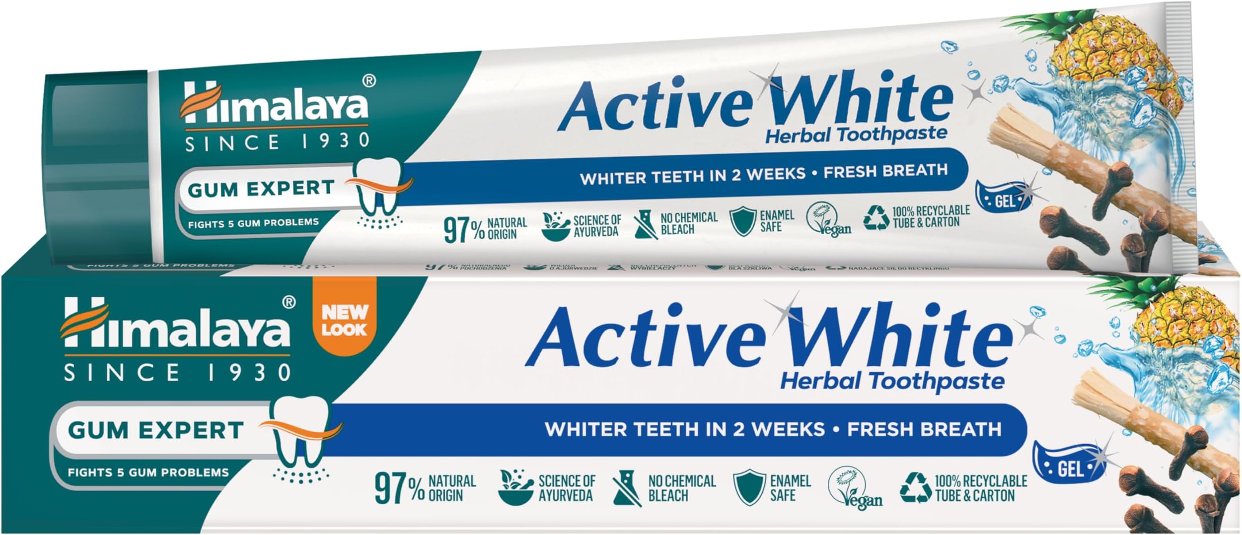 Himalaya Active White Gel | Herbal Toothpaste with Fruit enzymes |Teeth whitening |Anti Bacterial for Full Mouth Protection |Paraben and Bleach Free|100% Vegetarian -75 ml