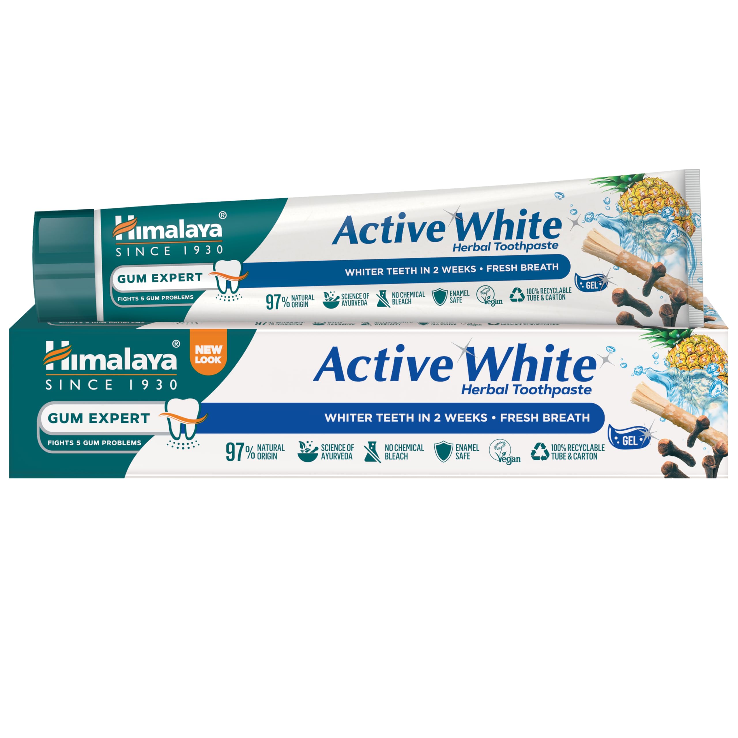 Himalaya Active White Gel | Herbal Toothpaste with Fruit enzymes |Teeth whitening |Anti Bacterial for Full Mouth Protection |Paraben and Bleach Free|100% Vegetarian -75 ml
