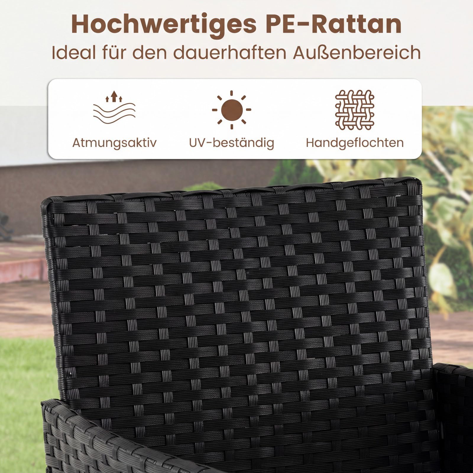 COSTWAY Rattan Gartenmöbel Set, Balkonmöbel mit 2 Stühlen & Gartentisch, wetterfeste Outdoor-Sitzgruppe mit Sitzkissen, 3-teiliges Terrassenmöbel Set für Garten und kleinen Balkon (Schwarz)