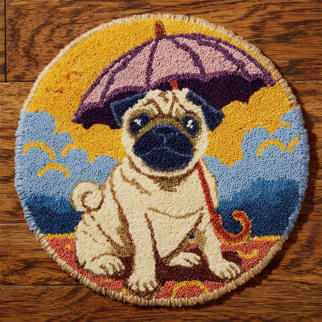 Rqwybcaxn DIY Rug Latch Hook Kits for Teens Animal Needlework Kit A Dog with an Umbrella 80x80cm Round Tapestry with Crochet Hook Study Craft Gift