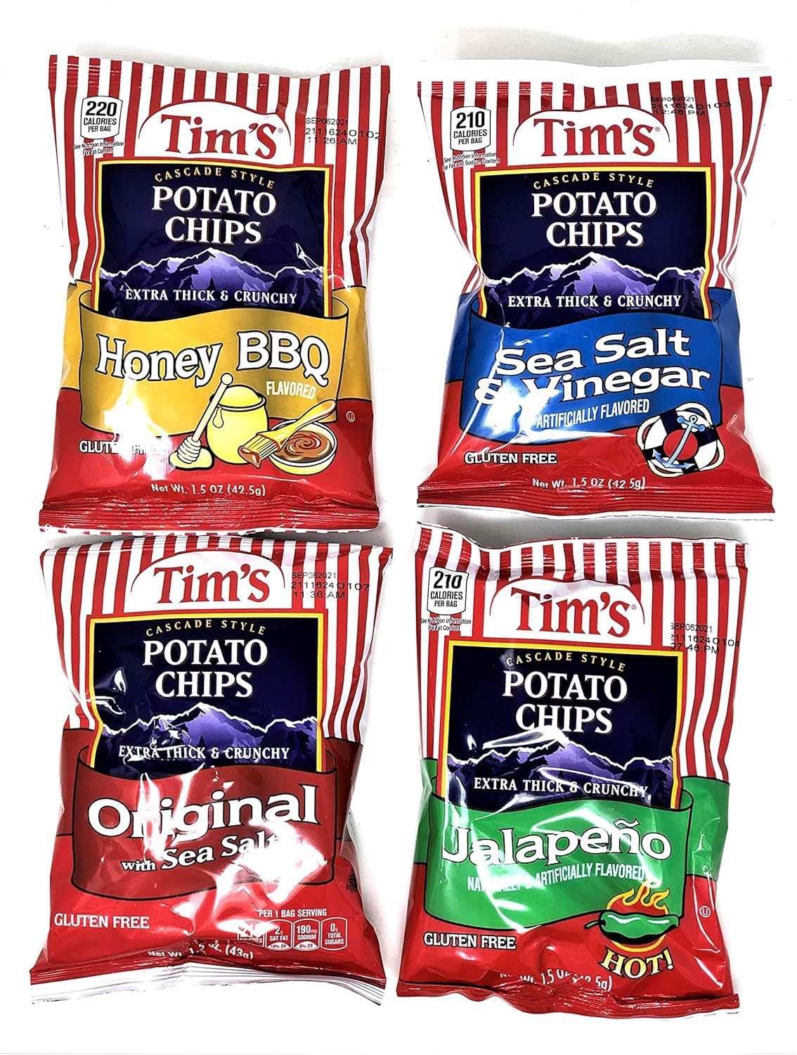 DTTBTim's Cascade Style Potato Chips Sampler Pack with Tapatio Sauce! (Honey BBQ, Sea Salt & Vinegar, Original & Jalape񯩬 4 Count, 1.5oz Bags (4 Pack)