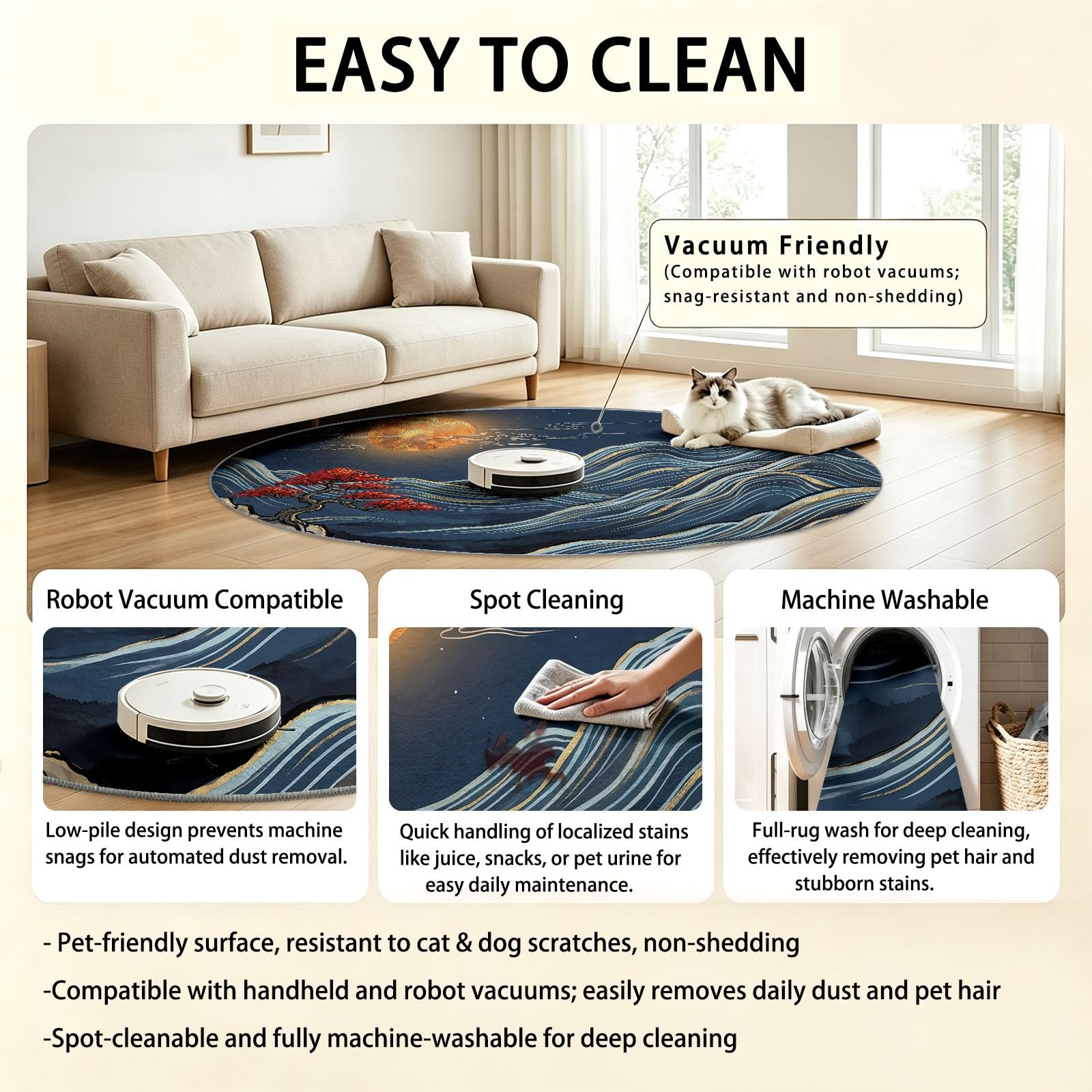 Tapis Rond de Salon 100 cm, Moderne Classique Montagnes Lune Imprimé - Bleu pour Salle à Manger Bureau Chambre, Lavable en Machine et Poil Court Tapis Rond avec Dos Antidérapant