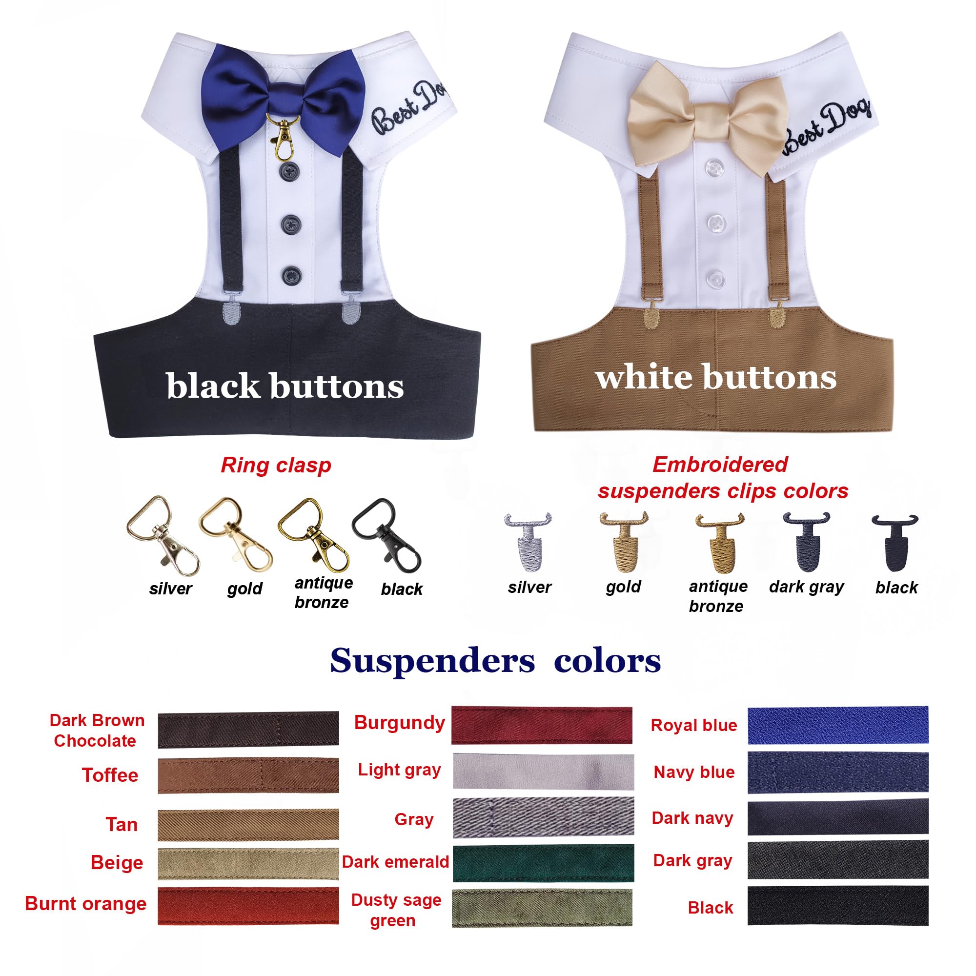 Personalized Best Dog Harness with Bow Tie, Suspenders & Custom Embroidered Text | Wedding Dog Tuxedo | Optional Ring Bearer Clasp | Perfect Attire for Wedding & Birthday by ACORD EU (Light Beige)
