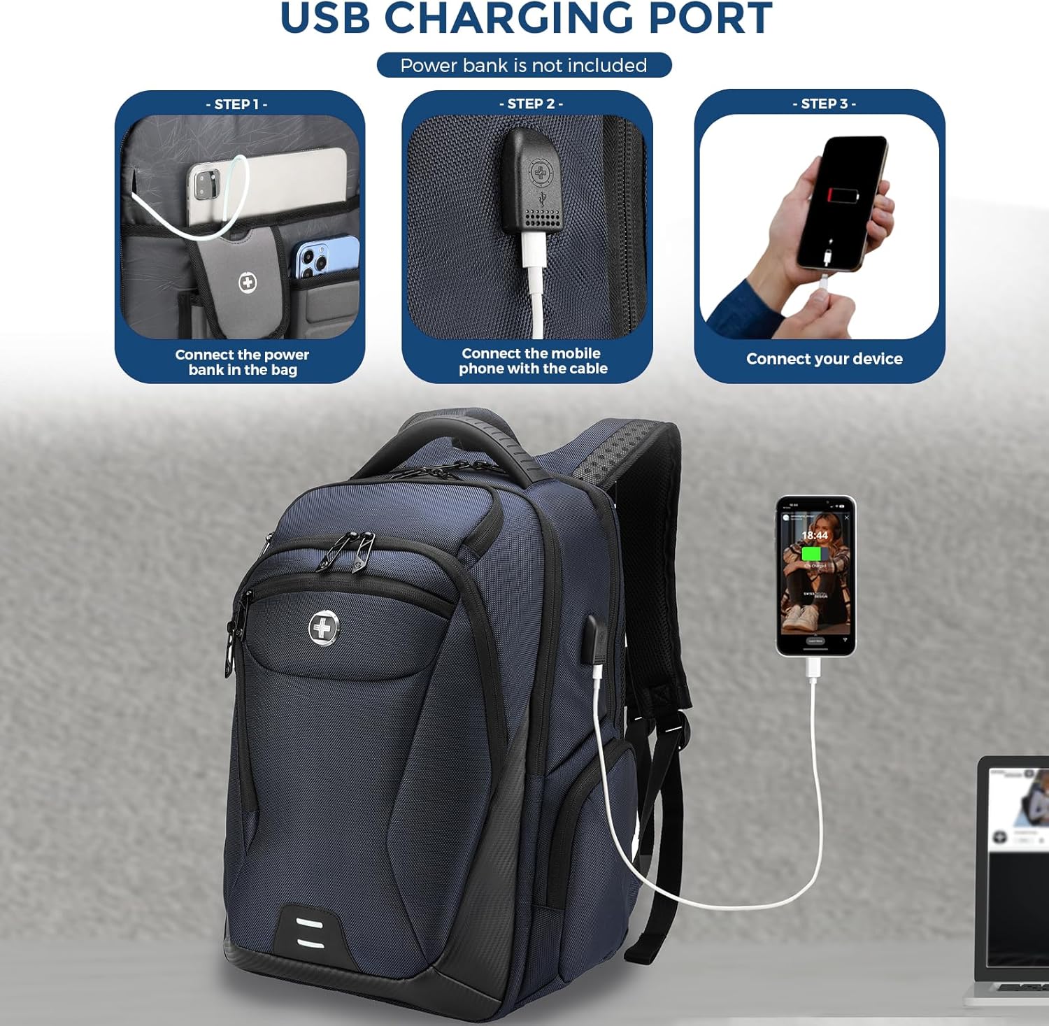 Swissdigital Design Men's Laptop Backpack for College and Business Travel with Integrated USB Charging Port and RFID Protection Fits Laptops up to 15.6 inch, Blue | SD1695-12 - Image 2