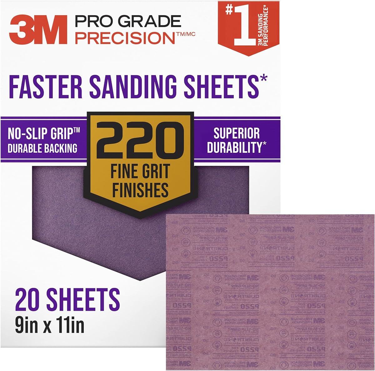 Papel de lija avanzado 3M, 20 hojas, grano 220, precisión de grado profesional 3M, cuenta con respaldo de agarre antideslizante, 9 x 11 pulgadas, para lijar madera, paneles de yeso o metal, se puede usar en superficies húmedas o secas (26220CP-P-G) | con AGARRE ANTIDESLIZANTE El respaldo duradero ayuda a reducir la fatiga de la mano y el desgarro al lijar