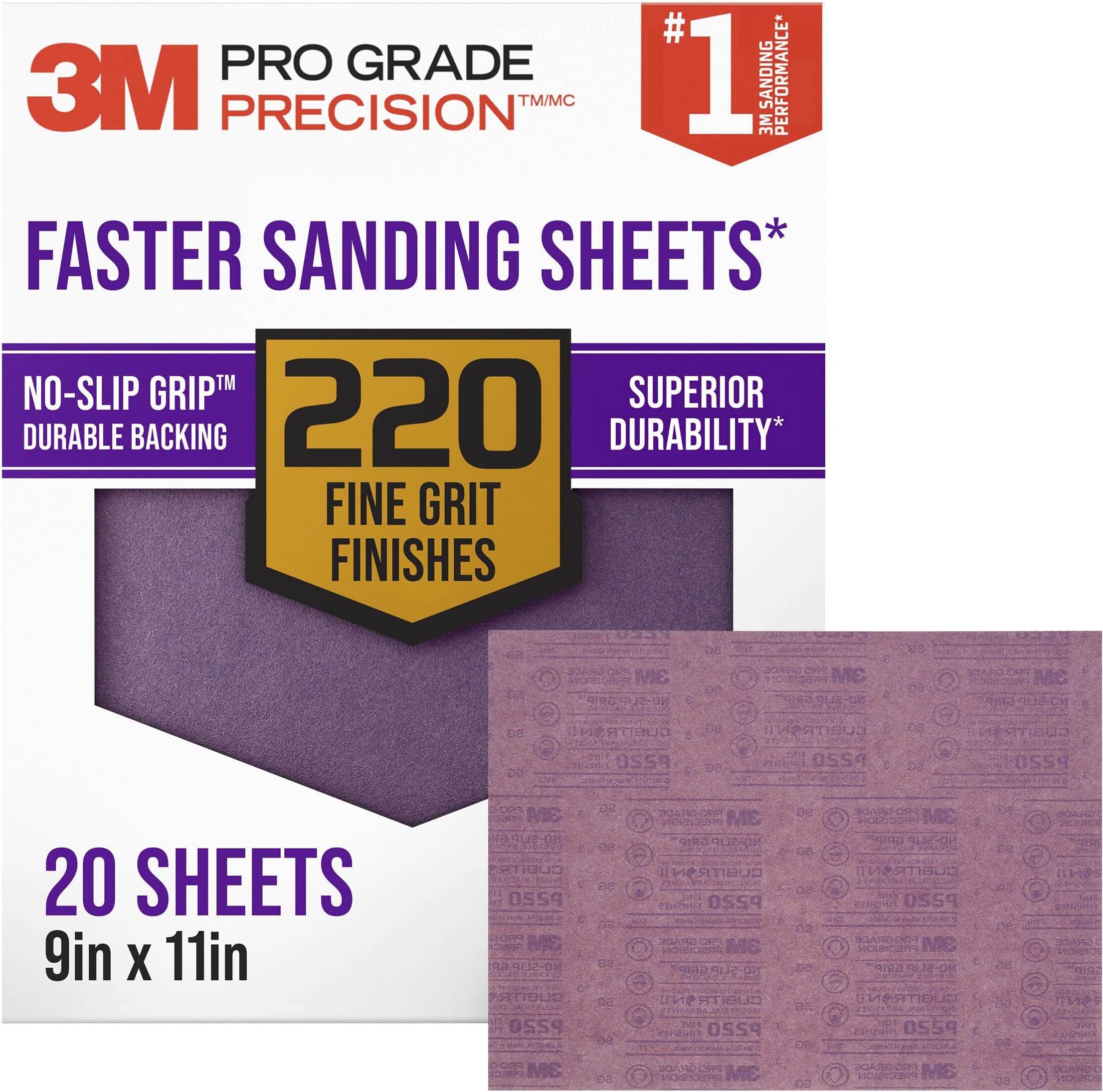 3M Advanced Sandpaper, 20 Sheets, 220 Grit, 3M Pro Grade Precision, Features No-Slip Grip Backing, 9-in x 11-in, For Sanding Wood, Drywall, or Metal, Can be Used on Wet or Dry Surfaces (26220CP-P-G)