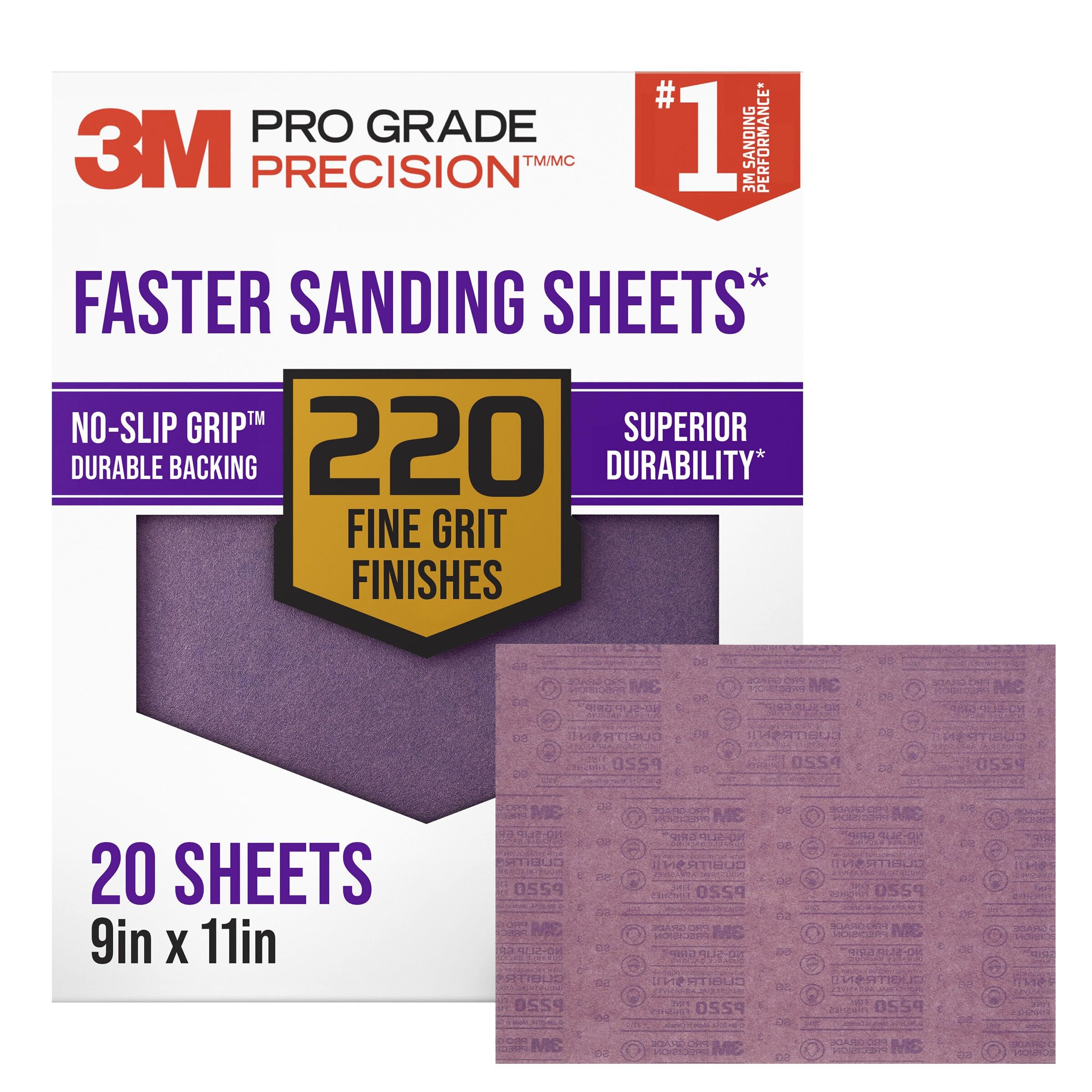 3M Pro Grade No-Slip Grip Advanced Sandpaper, 9 X 11-Inches, 220 Grit, 20/Pack