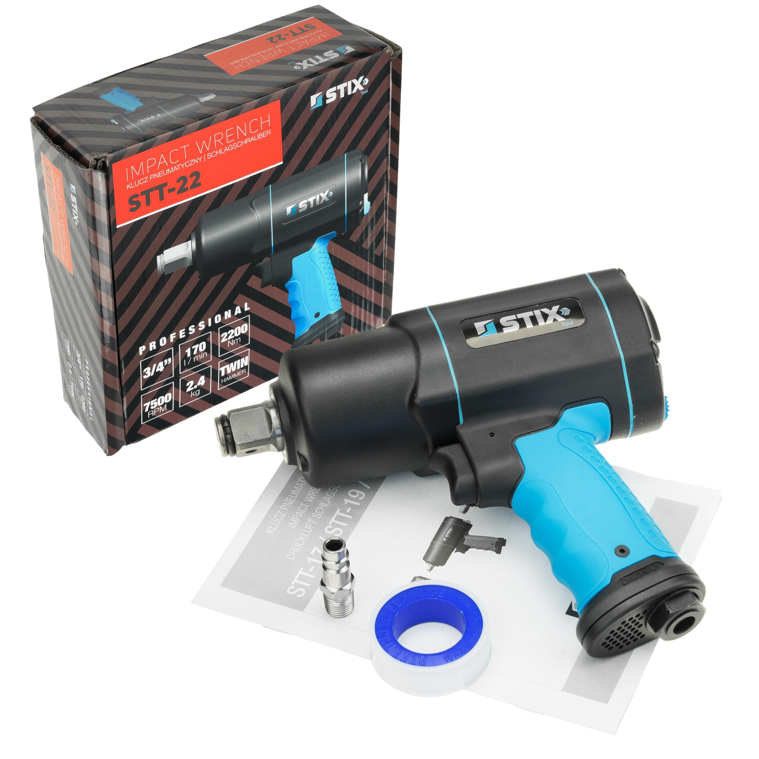 Avvitatore ad aria compressa 3/4" 2200 Nm + 4 bussole a percussione – Set professionale per camion e officina, meccanismo a doppio martello, dadi CR-MO