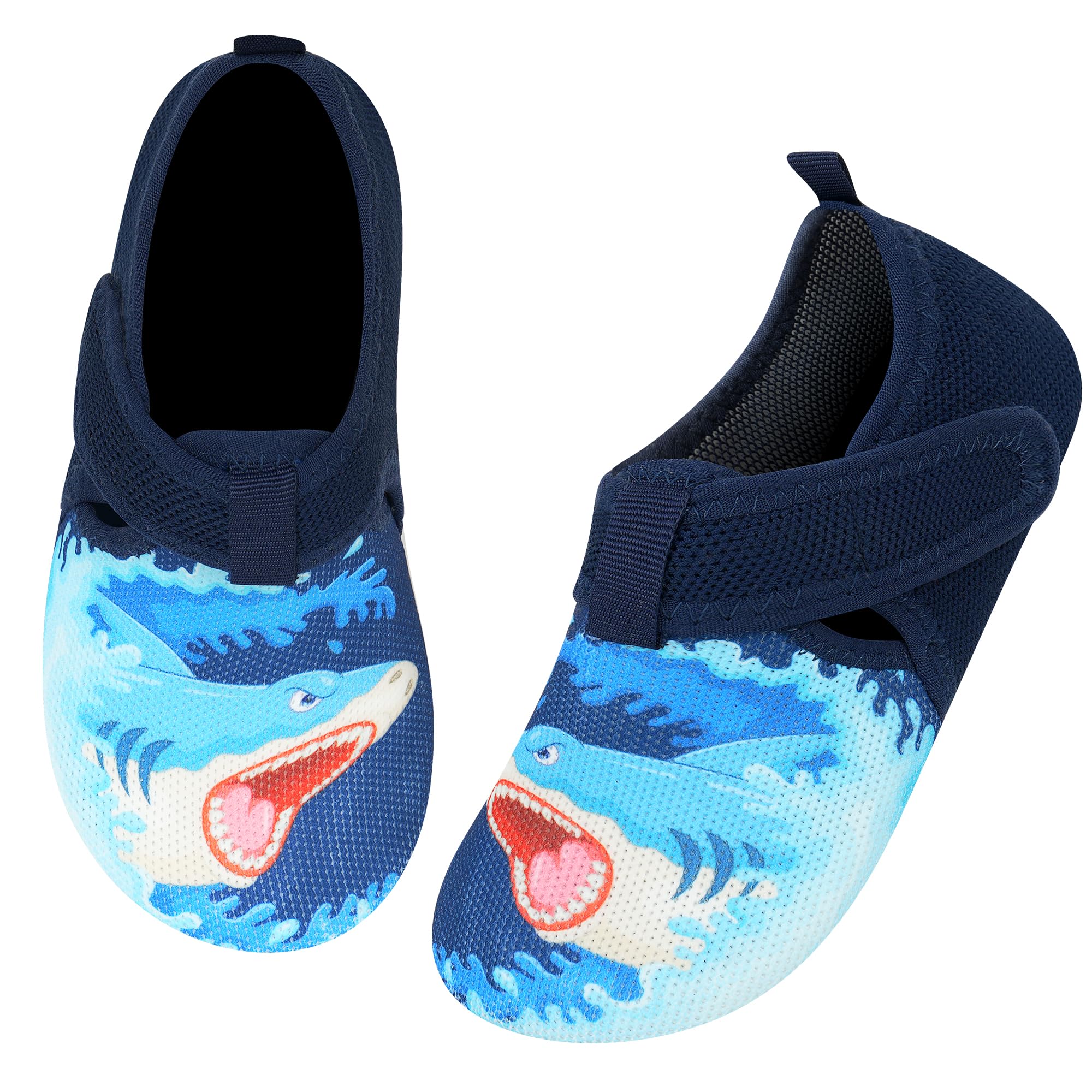 Kyopp Hausschuhe Kinder Junge Klettverschluss Schuhe Mädchen Pantoffeln Rutschfest Slippers für Atmungsaktive Weich Lauflernschuhe Kleinkinder Schuhe(Hai Blau 20/21EU)
