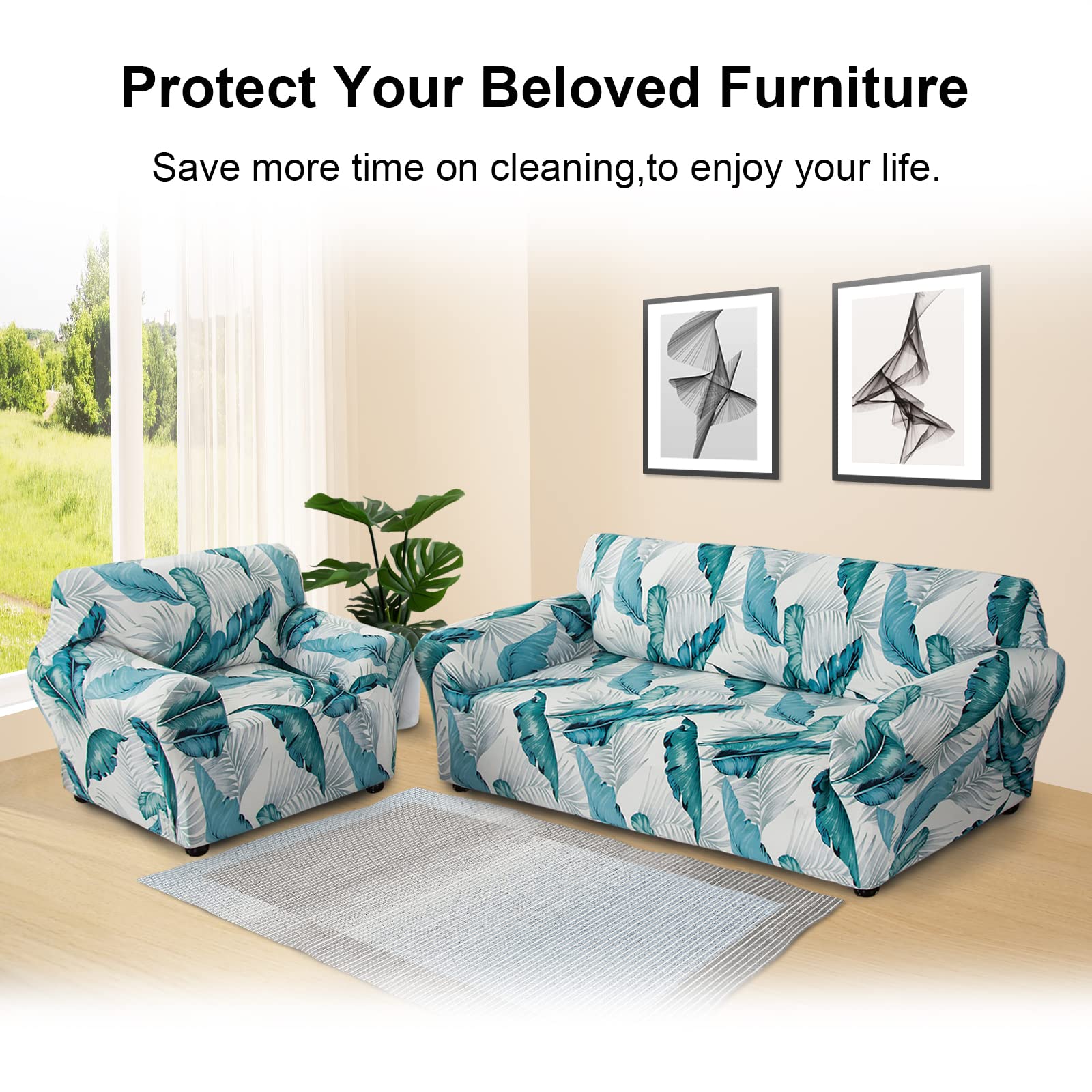 Jaotto Copridivano 4 Posti Elasticizzato, Fodera per Divano Elasticizzato Fantasia Antiscivolo Antimacchia, Copridivano con Braccioli Tessuto Super Morbido Universale(Foglie Bianche,4 Posti)