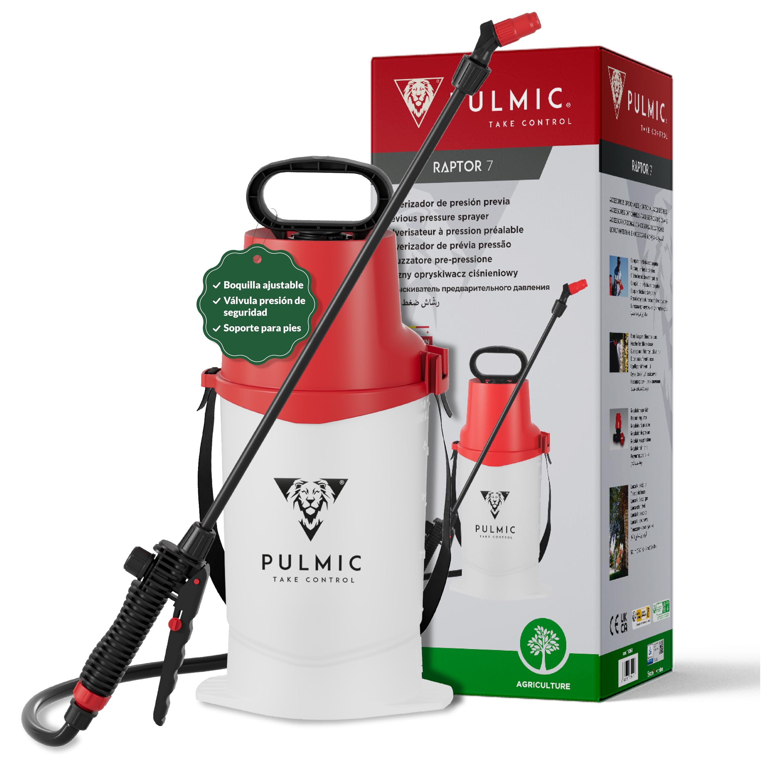 Pulverizador a Presión 5 litros, Pulverizador Manual para Plantas y Jardín, Sulfatadora Manual para Herbicidas e Insecticidas, con Lanza y Boquilla Regulable, Pulverización Precisa, PULMIC Raptor