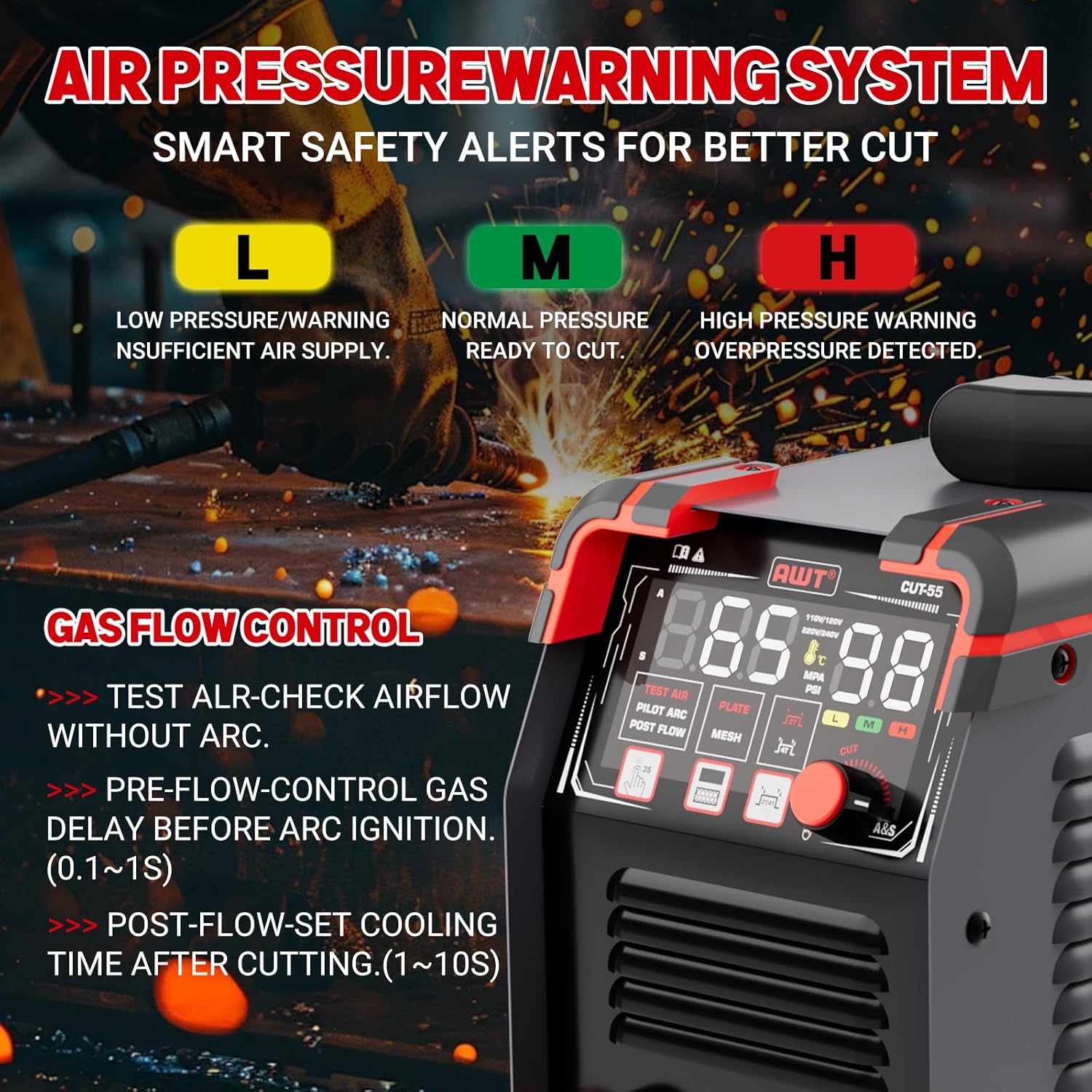 AWT Plasma Cutter,Large LED Display Cutter Machine 65Amps with Non-Touch Pilot Arc,110/220V Dual VoltagePlasma Cutting Machine,IGBT Inverter Air Sensor Technology&2T/4T,Max Cut 1"Plate/Mesh Cutting