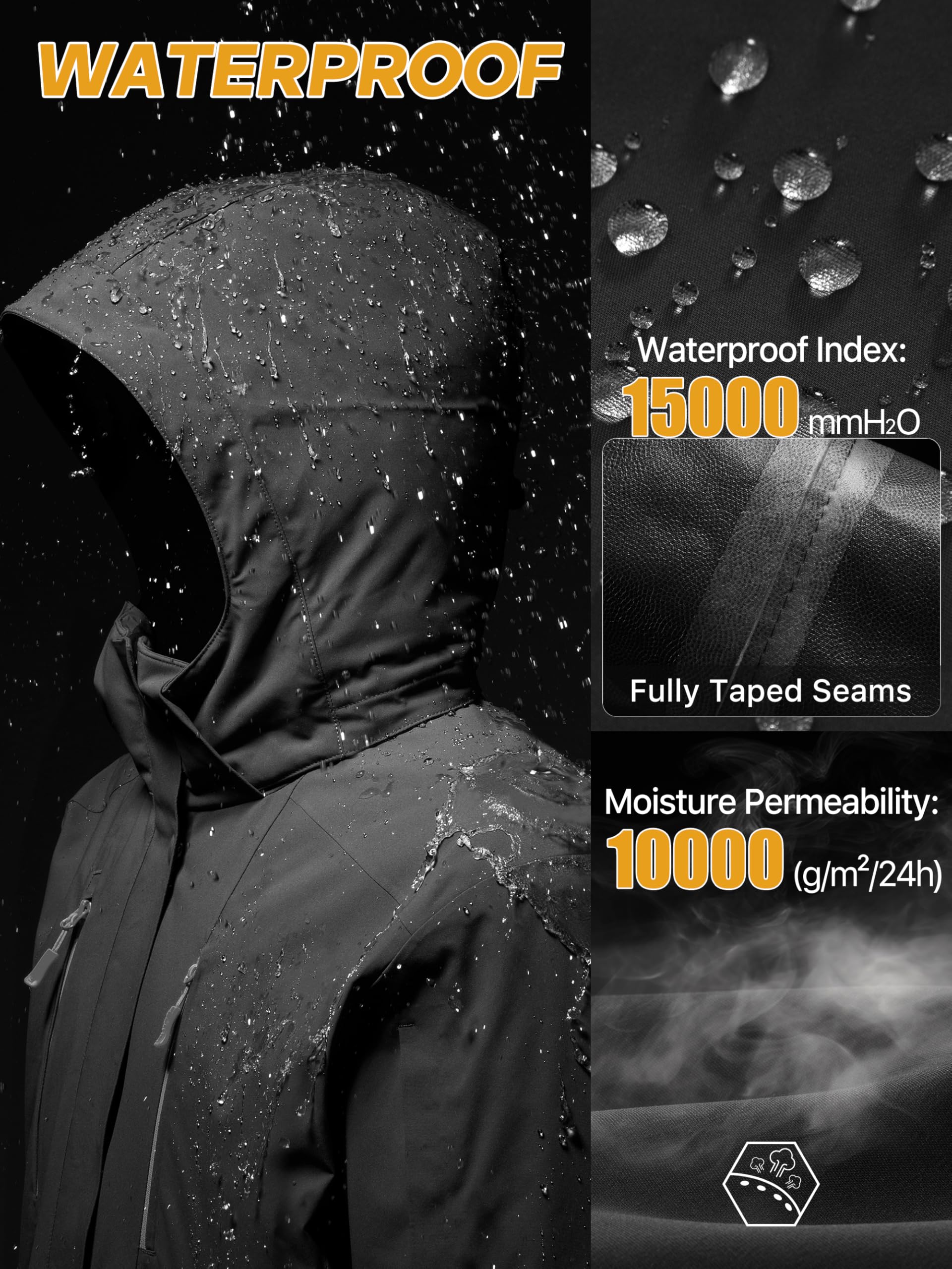 FREE SOLDIER Wasserdichte Skijacke für Herren, warm, mit Fleece gefüttert, Snowboard-Regenmantel, Kapuze, vollständig versiegelte Nähte
