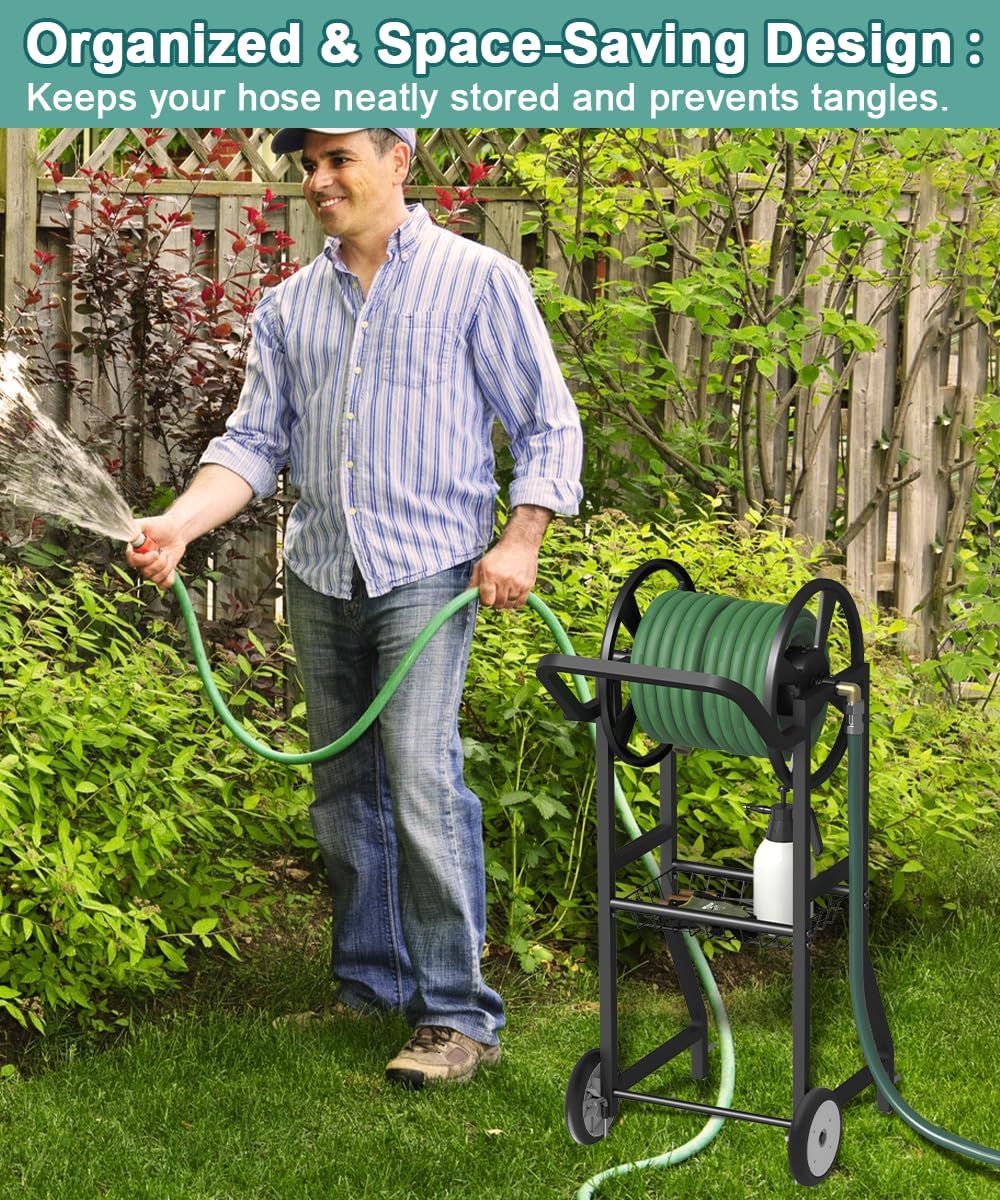Garden Hose Reel Cart with Wheels, Outdoor Heavy Duty Powder Coated Steel Water Winder Storage Holds 125 ft 5/8" Hoses with 3.9ft Leader Hose and Basket for Backyard, Yard, Lawn, Black