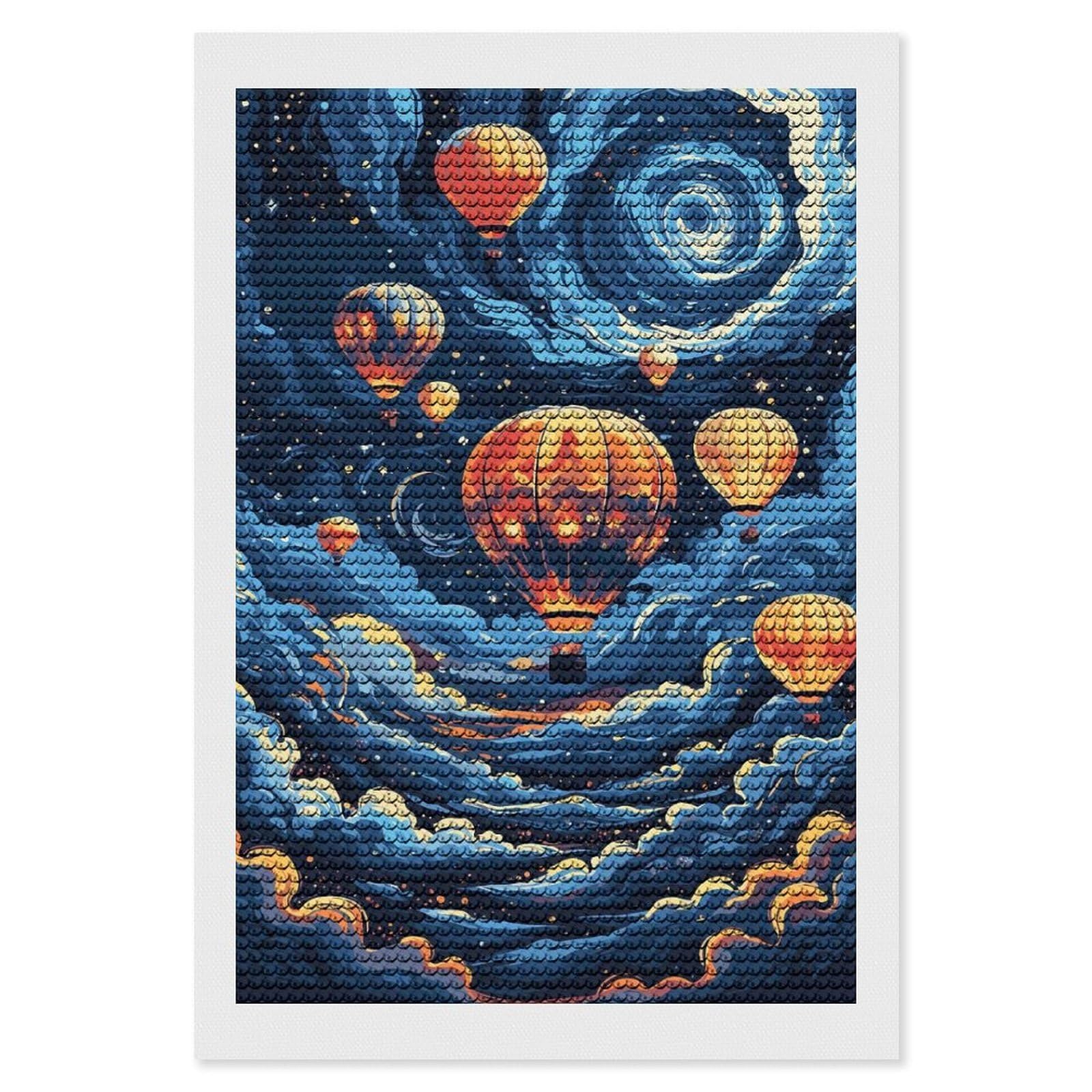 Junmoney Hot Air Balloons in Starry Night Diamond Art Canvas 8"x12", for Adults, Pleasing Wall Art Project, Modern Decor, Gift Idea, Nice Detail and Sparkle