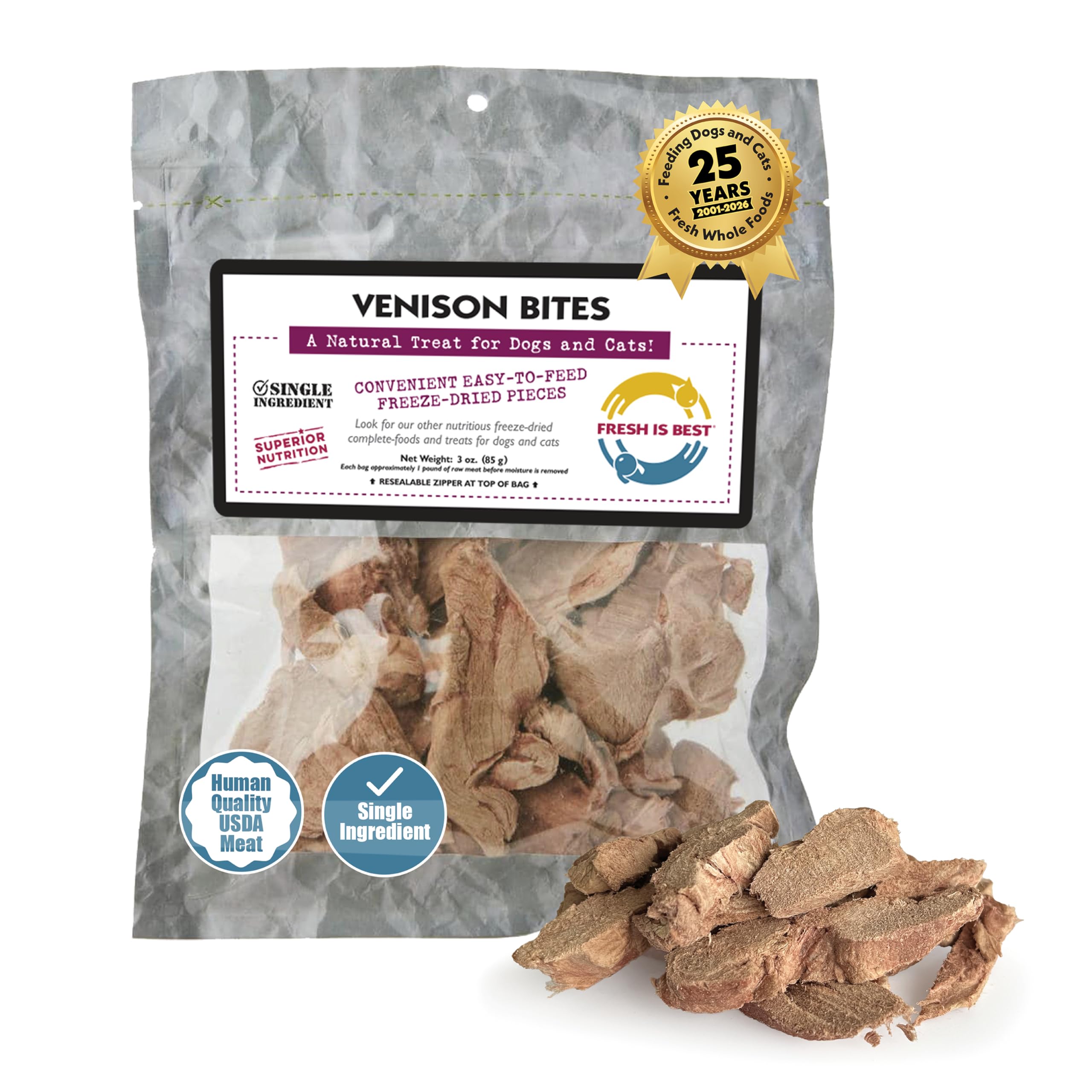 Fresh Is Best Freeze Dried Dog Treats – Raw Freeze Dried Venison Dog Food for Cats & Canines – Training Treat in Resealable Zipper Bag – High-Protein Venison Bites – Made in The USA