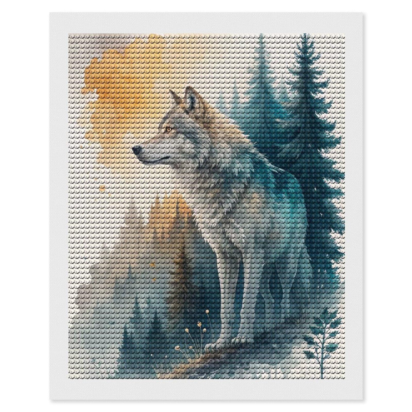 Junmoney Watercolor Wolf in Forest Landscape Diamond Painting Set 16"x20", Full Kit Included, Sparkling Round Gems, Farmhouse Decor, Festive Craft Gift
