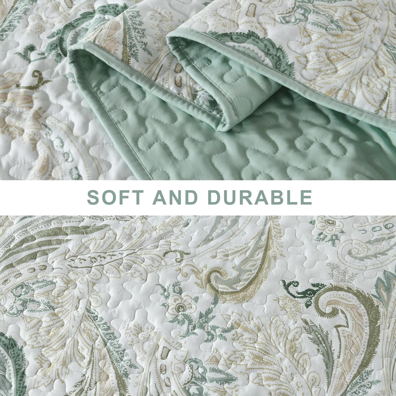 WONGS BEDDING Boho Quilt Set Queen,Sage Green Paisley Floral Pattern Bedspread Coverlet Set with 2 Pillowcases,Lightweight Microfiber Bohemian Quilt Bedding Set 96"×90" - Image 7