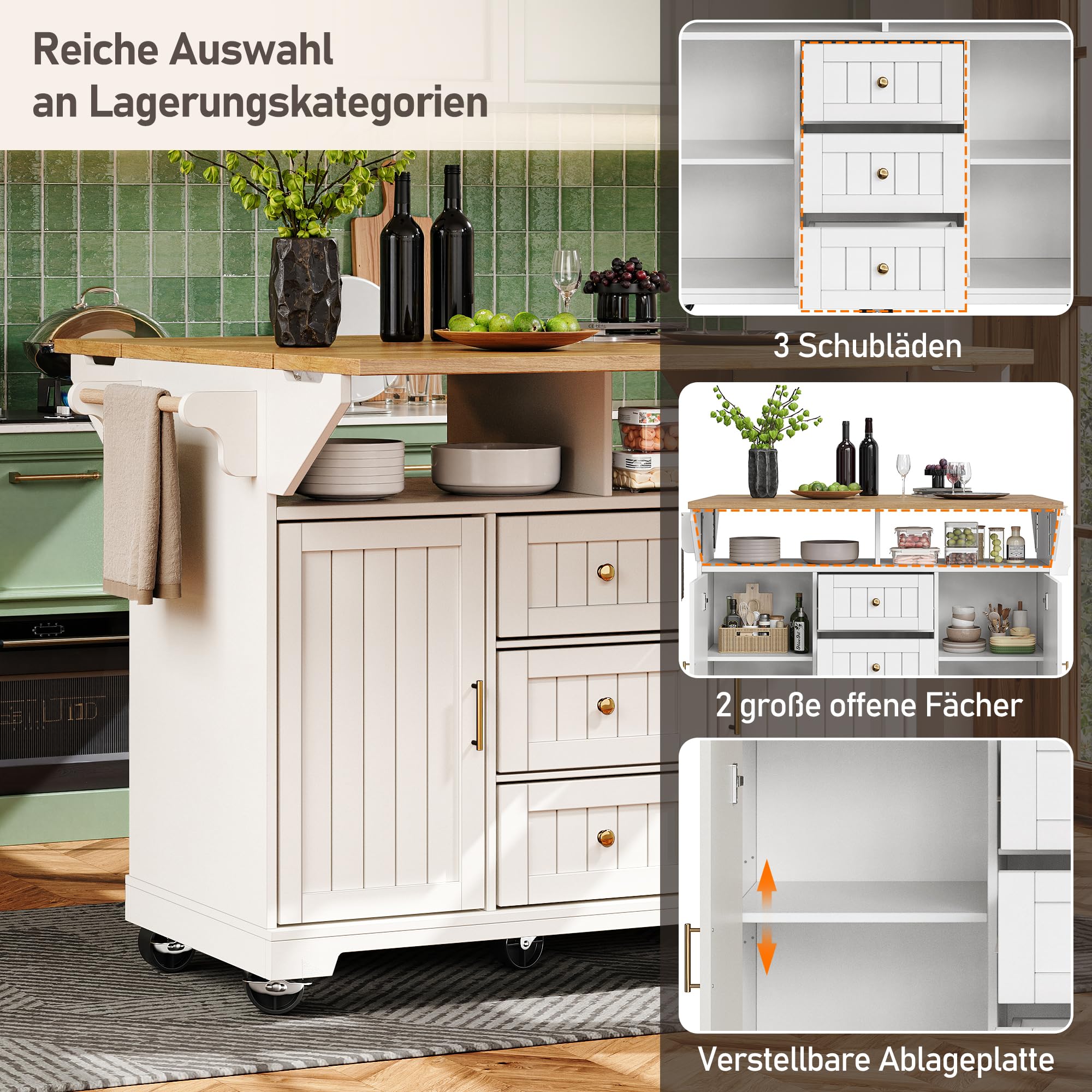 Mrwoo Kücheninsel Freistehend mit Beidseitig Ausziehbar und Rollen, Küchenschrank mit Schublade und Stauschrank, Küchenwagen mit Handtuchhalter und Gewürzregal, Weiß-B, 142.5x80x95 cm