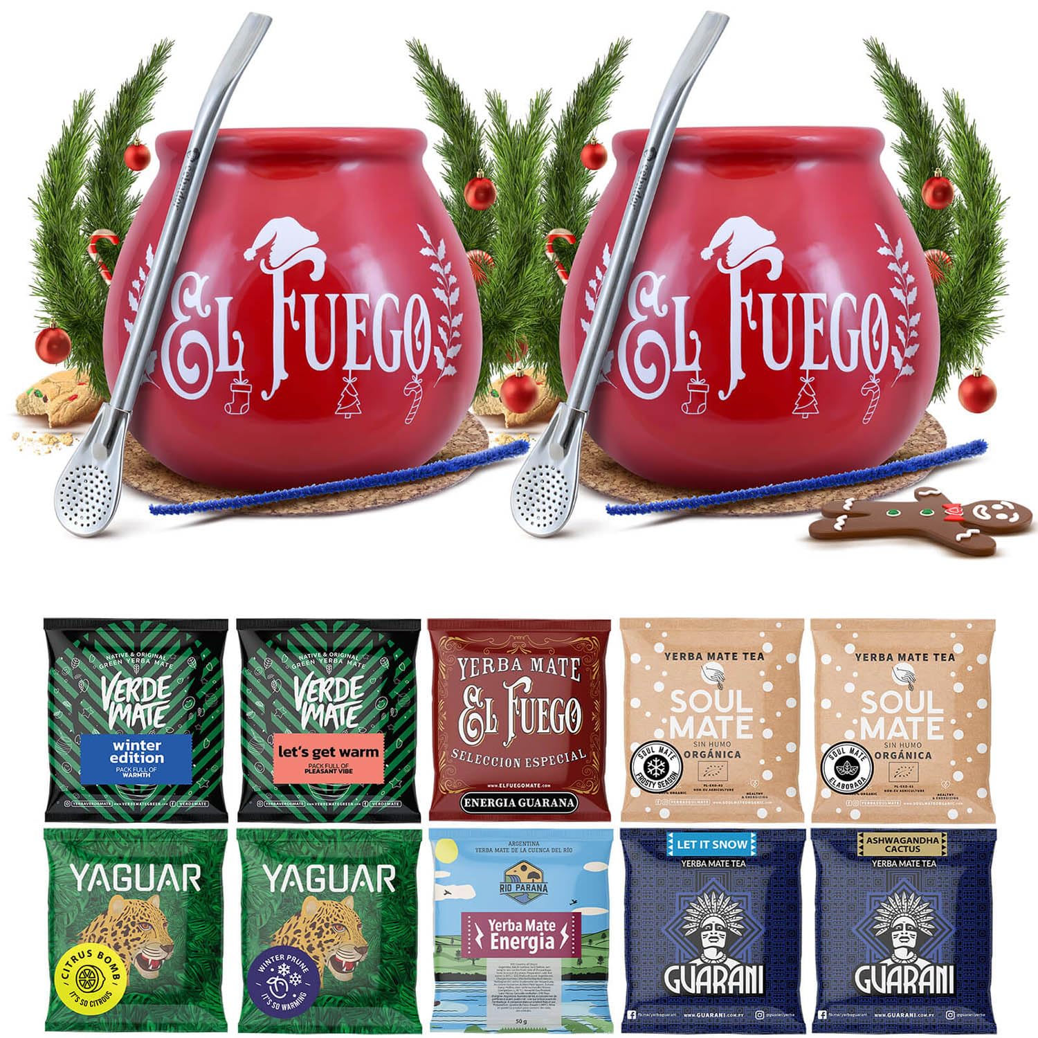 Mate Tee Set Soul Mate, El Fuego, Yaguar, Verde Mate 10x50g - Yerba Mate Proben mit 2x Keramik Mate Becher Christmas Edition, 2x Mercedes Bombilla - Vielfältige Sorten