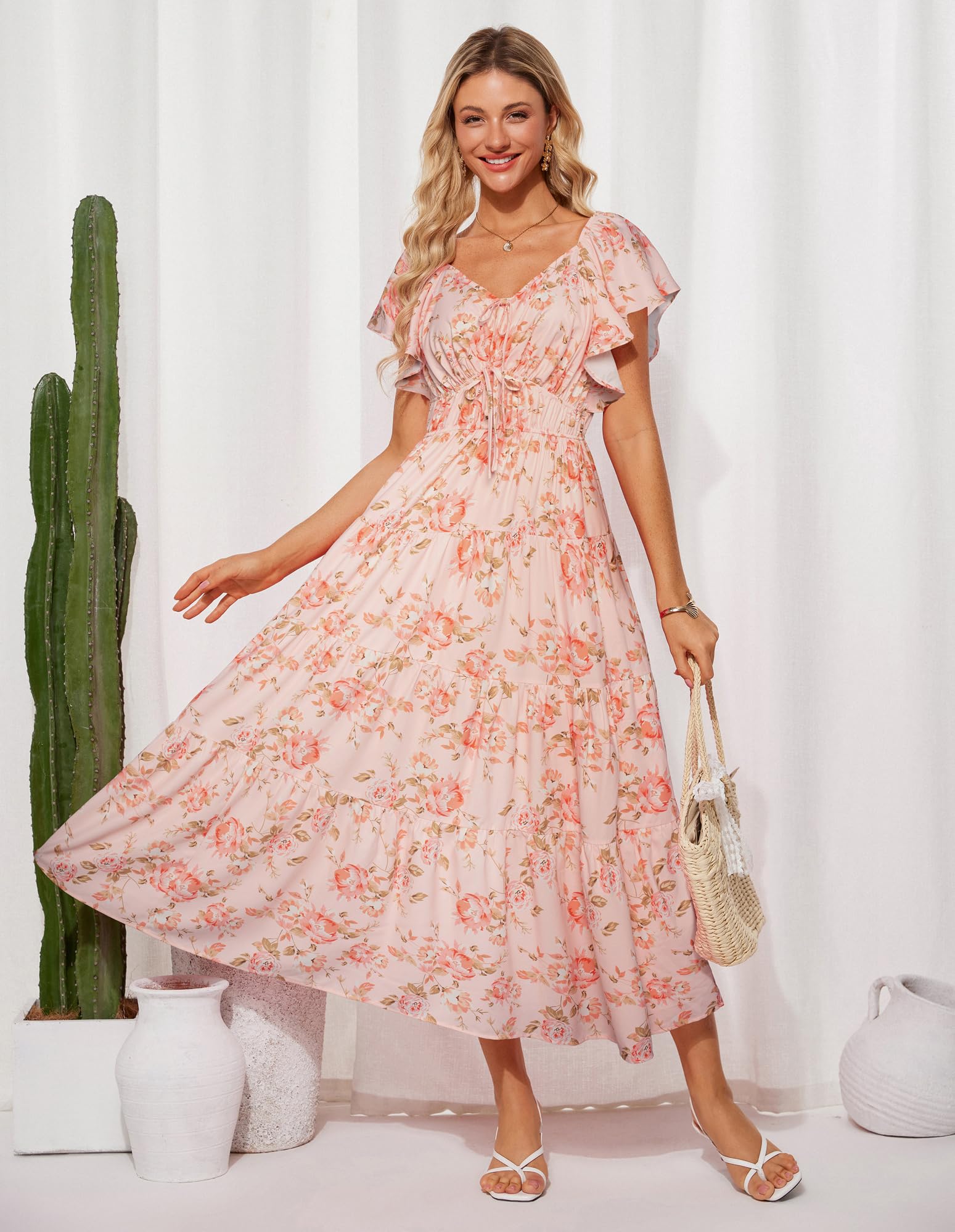 GRACE KARIN Damen Elegant Blumenkleid Rüschenärmel V-Ausschnitt Maxikleid | Maxilang,Elastischer Bund,Offene Seitentaschen,Party,Urlaub,Hochzeit