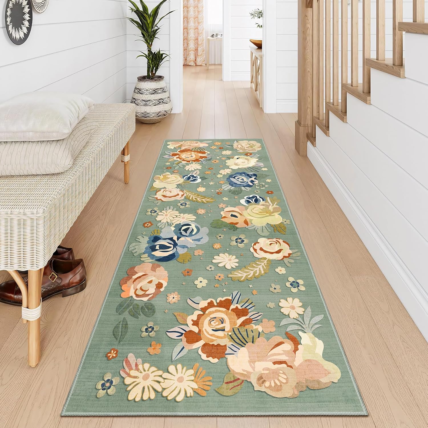 Washable Runner Rug 2x6,Green Floral Rug Runners Non Slip,Long Boho Rugs for Hallways Kitchen Bedroom Entryway Bathroom,Vintage Bohemian Distressed Oriental Floor Carpet