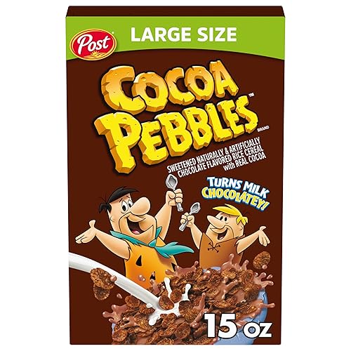 Vista 13 de Post Cereal de desayuno de Pebbles de cacao, sin gluten, cereales de arroz crujiente con sabor a cacao, aperitivos para el desayuno, 19.5 onzas