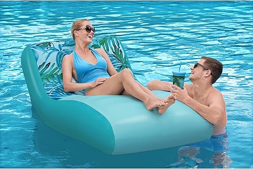 Miniatura 7 de H2OGO! Blissful Drifter Lounge - 69 x 42 pulgadas, patrón tropical azul-amarillo, flotador inflable para piscina, cubierta UPF extraíble lavable,