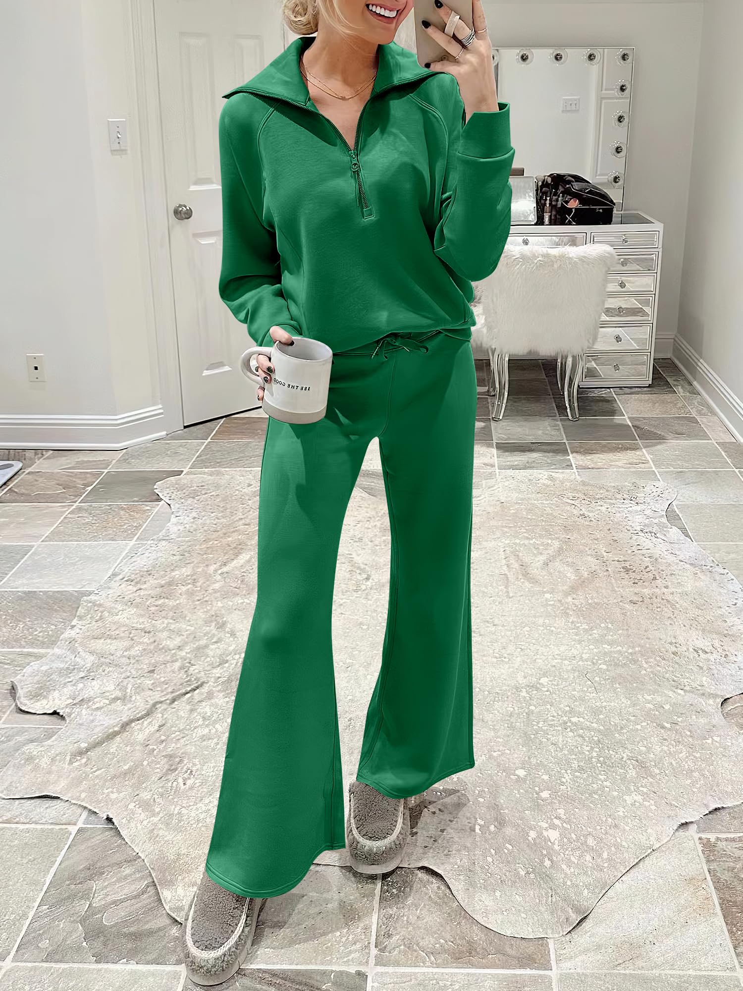 ANRABESS Women 2 Piece Outfits 2025 Fall Fashion Airport Wide Leg Pants Lounge Set Leisure Travel Vacation Clothes Sweatsuits