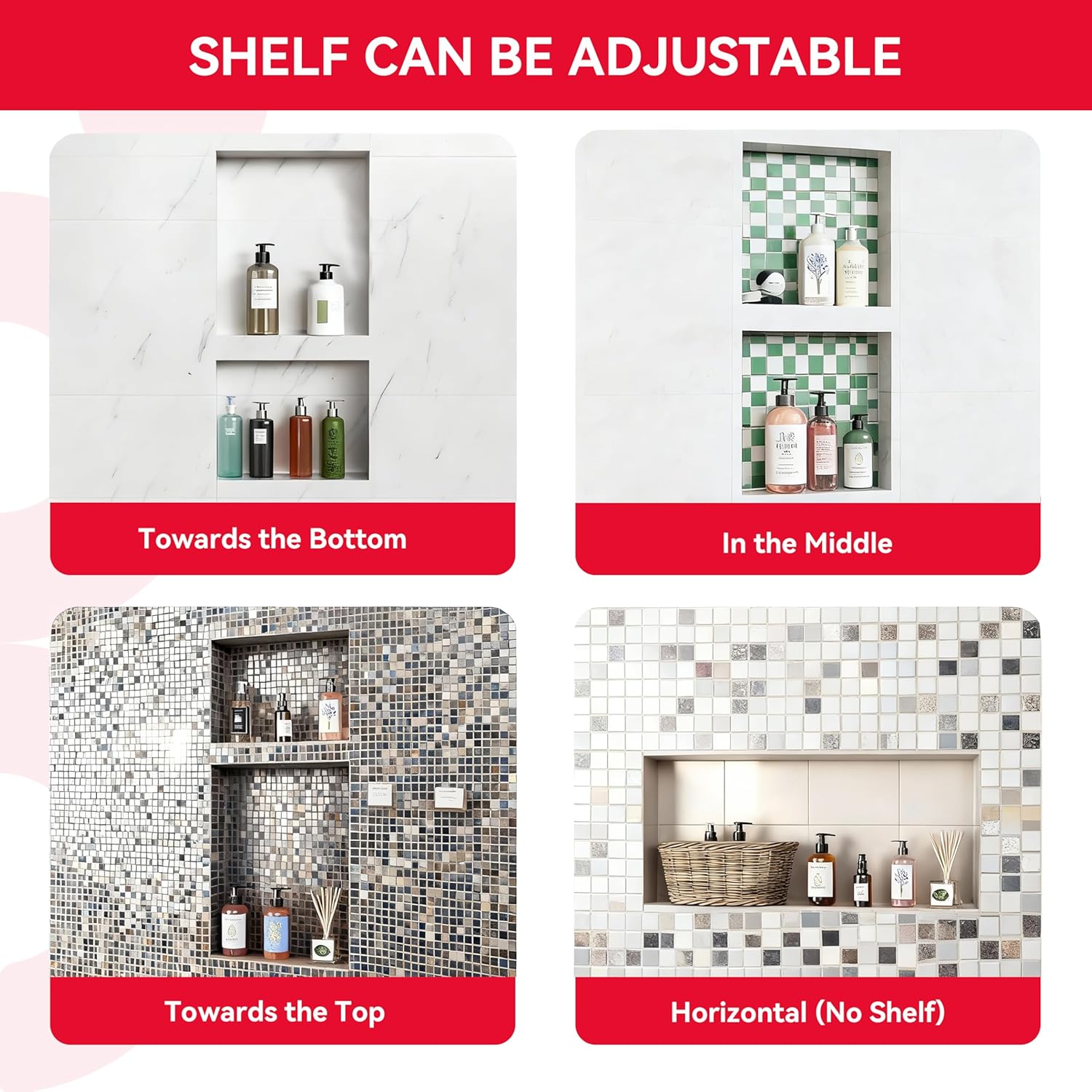 Shower Niche Insert Tile Ready 12x20, Adjustable Height Shelf, Mortar Surface Gives Stronger Bonding Strength to Tiles, Waterproof Coating Providing Double Protection Against Water