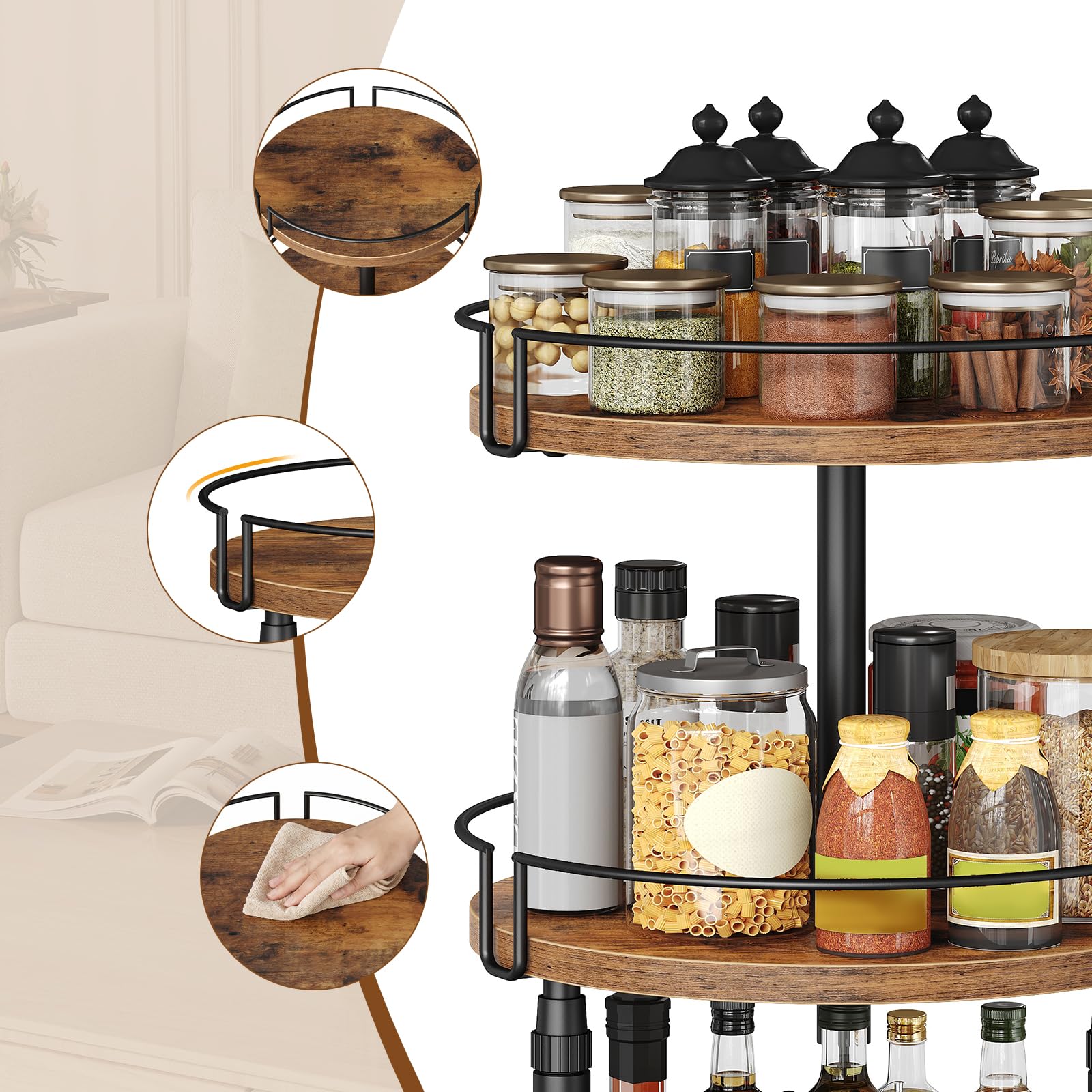 HOOBRO Étagère à Épices Rotative 3 Niveaux, Porte-Épices, Étagère de Rangement de Cuisine, Hauteur Réglable, Support à Épices, pour Cuisine, Salon, Salle de Bain, Marron Rustique et Noir EBF59TL01