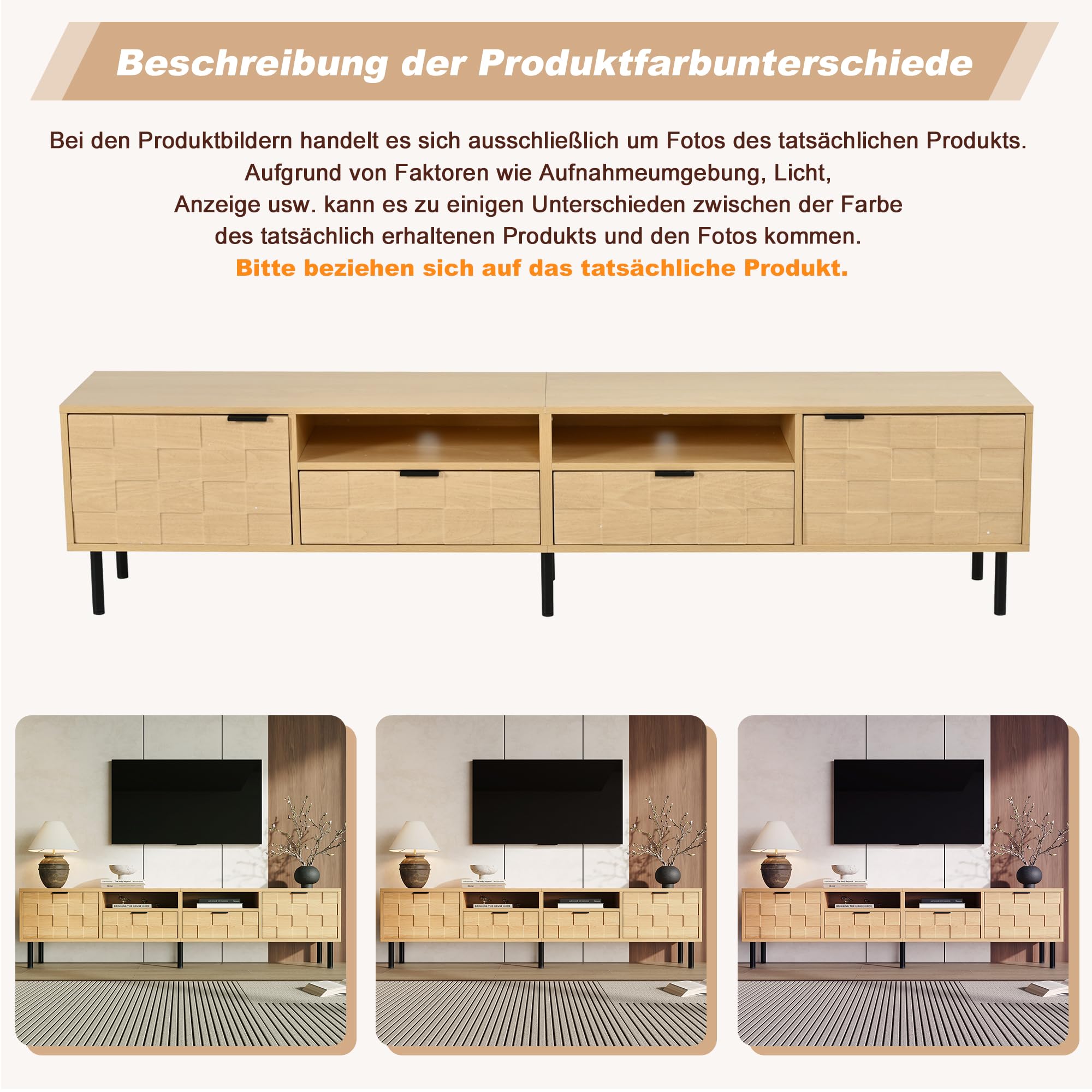 Gecheer TV Lowboard 200x35x44,5cm mit Schubladen Flügeltüren Naturholz