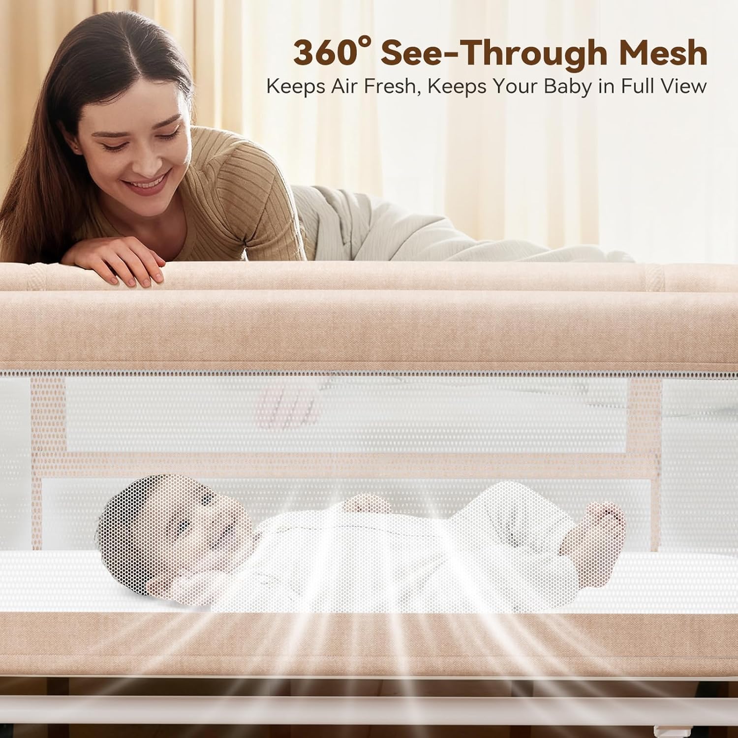 COMOMY Baby Bassinets Bedside Sleeper, 3 in 1 Baby Bassinet Bedside Crib with Mattress and Soft, Breathable Sheet, Full-Mesh Sides, 6-Height Adjustable, Easy Folding Portable Crib for Newborn Infants