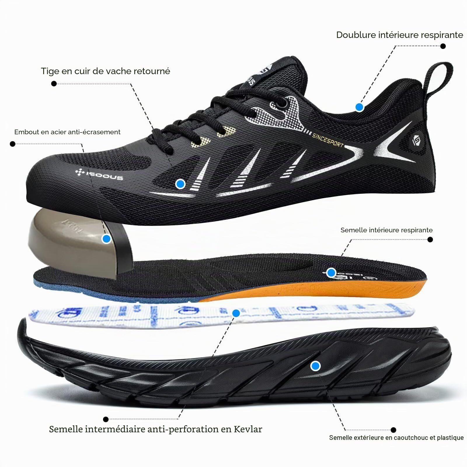 ISOOUS Chaussures de Sécurité Homme Femme Légère Chaussure de Travail Embout Acier Protection Antidérapantes Basket Securite