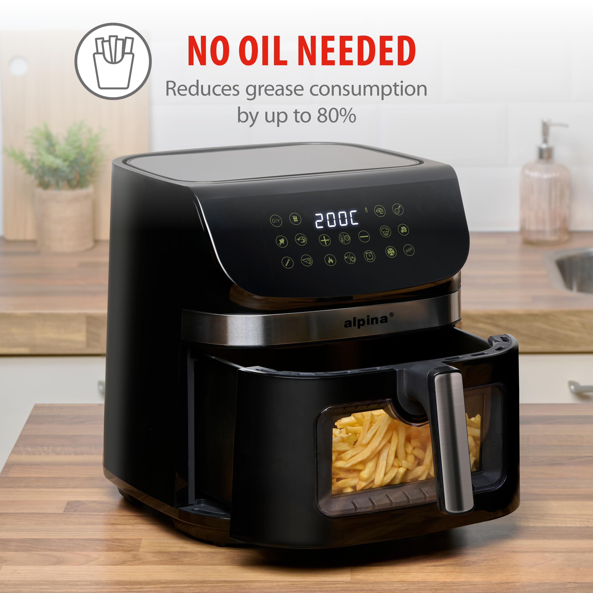 Alpina Airfryer XXL - frytkownica na gorące powietrze 9 l, frytkownica powietrzna z cyfrowym wyświetlaczem, frytkownica na gorące powietrze z timerem i temperaturą od 60 do 200°C, z 8 programami