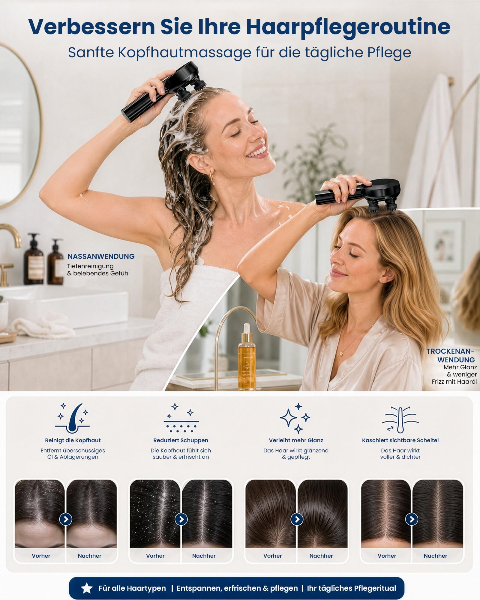 COMFIER Handheld Kabelloses Kopfmassagegerät, Elektrisches Kopfhaut-Massagegerät mit 3 Modi, 8 Silikonköpfen, IPX7 wasserdicht, zur Haarwachstumsförderung & Entspannung, Schwarz