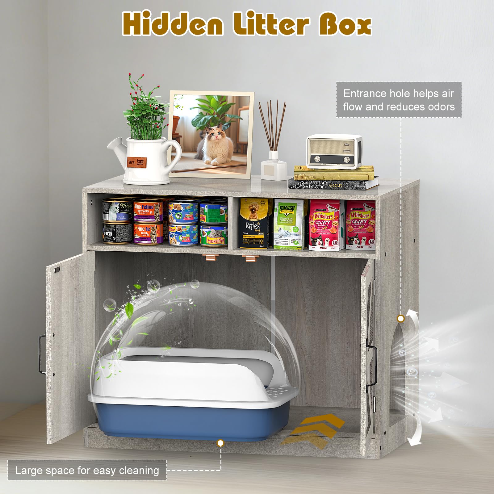 Hidden Litter Box Furniture Ultra-Large Wooden Enclosed Litter Box Furniture,2-Door Storage Cabinet, 2 Open Drawers, 1 Air Vents,Cat Litter Furniture Fit Most of Litter Box.(Gray, No Drawers) - image 3