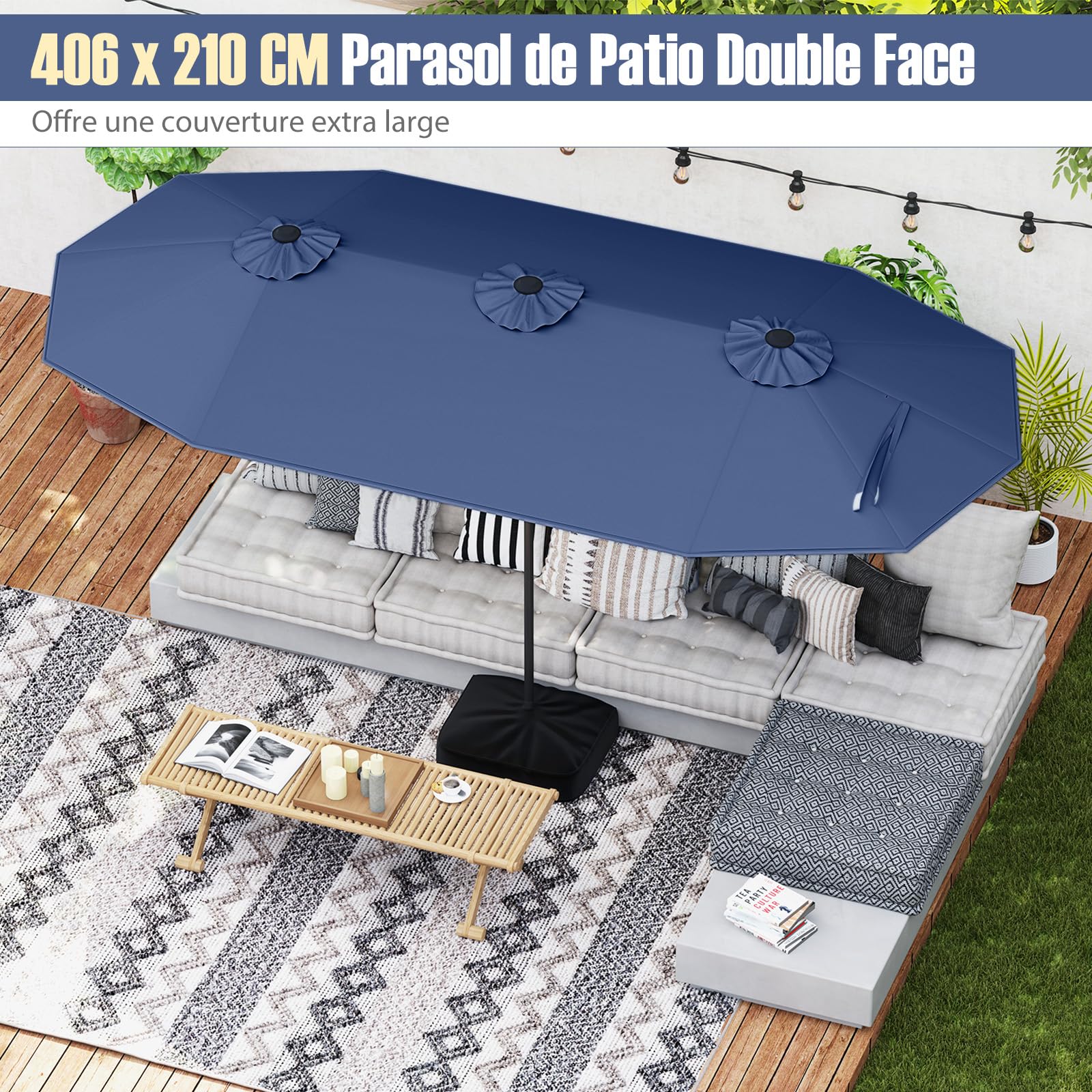 RELAX4LIFE Grand Parasol de Jardin Extérieur avec Pied | Parasol Double Terrasse à 12 Baleines | Manivelle | Polyester Résistant | Verrou de Sécurité | Protection UV pour Piscine Patio Marché (Marine)