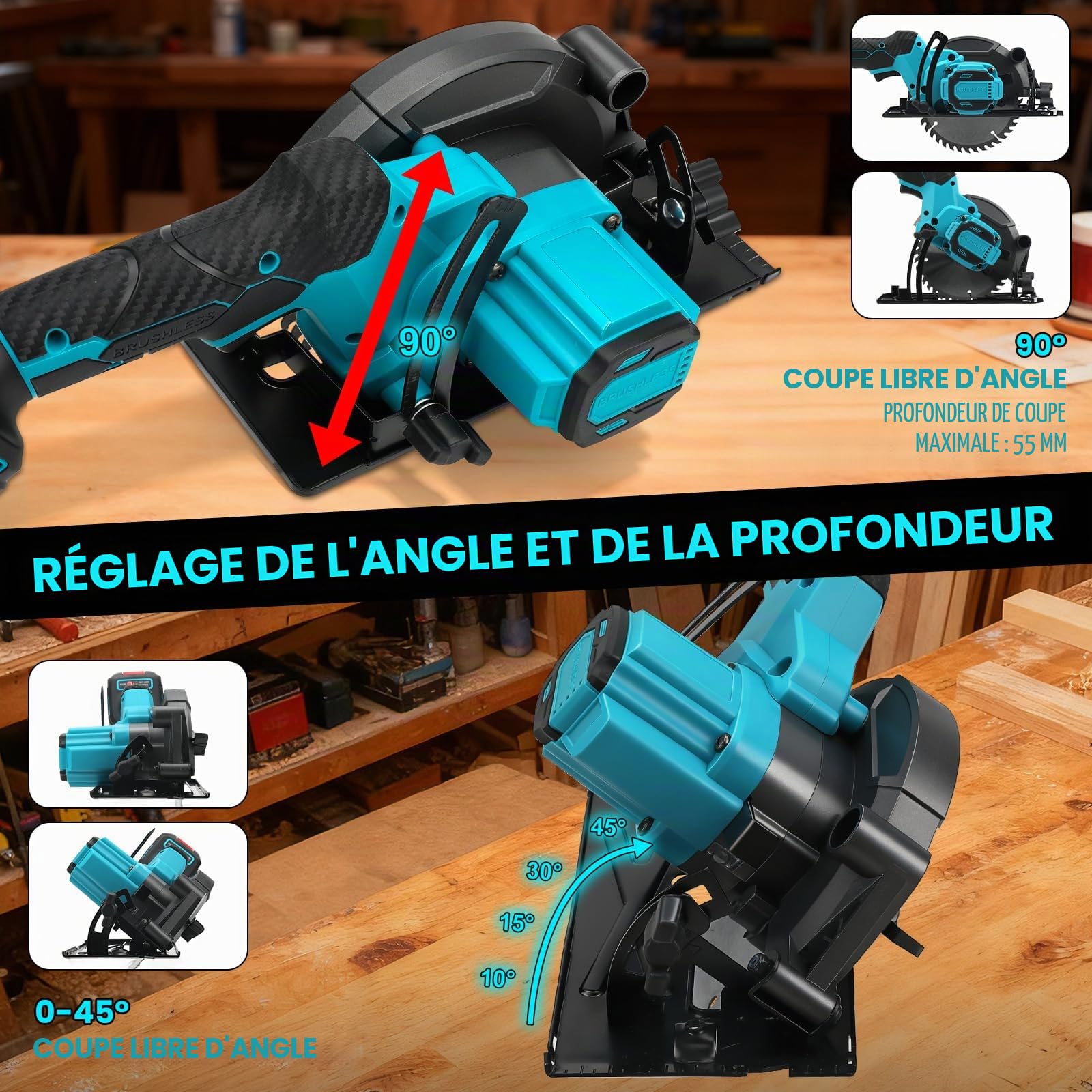 Scie circulaire sans fil pour Makita 18 V batterie, mini scie circulaire manuelle Sans brosse avec 3 Lames, Profondeur de Coupe de 55 mm, 5800 RPM, coupes d'onglet de 45°, pour Bois, Carrelage, Métal