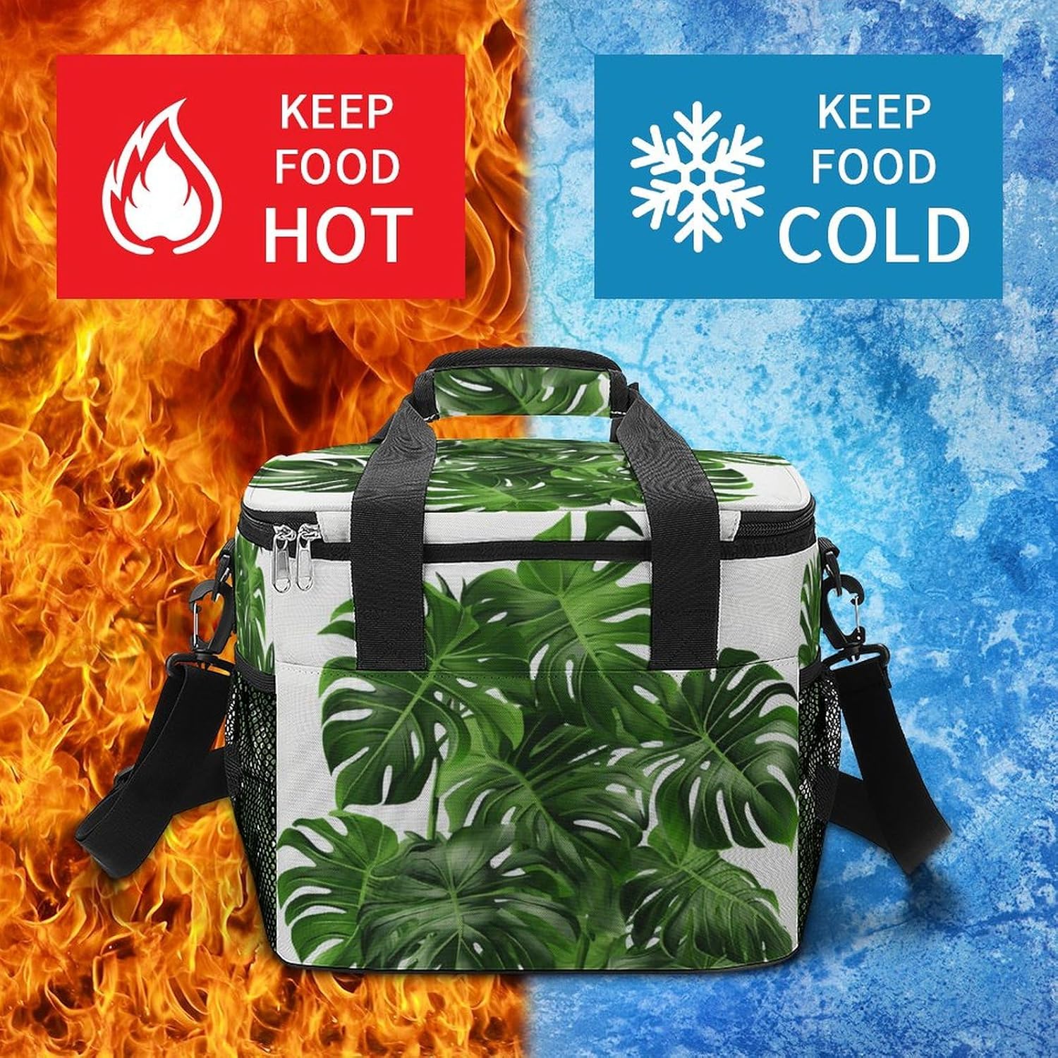 Large-Capacity Oxford Cloth Monstera Deliciosa Banana Palm Printed Camping Ice Bag, Outdoor Portable Insulation and Cold Storage Bag, Enjoy A Cool Camping Time